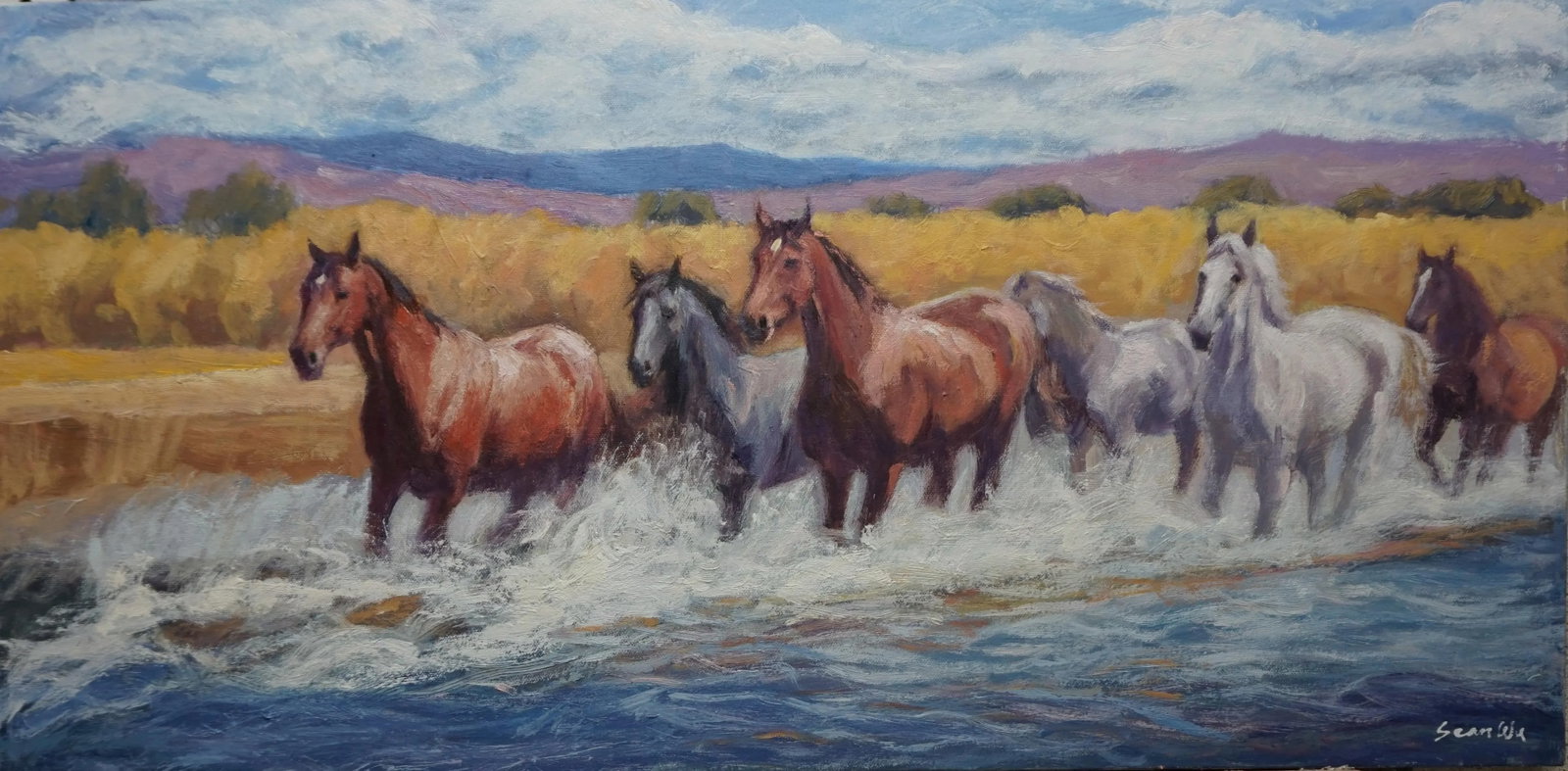 Sean Wu Original Oil Painting of Wild Horses: Original oil portrait of wild horse by Sean Wu. A group of energetic wild horses wading across a river Condition: Imperfections: No Imperfections Condition Notes: brand new Origin: United States