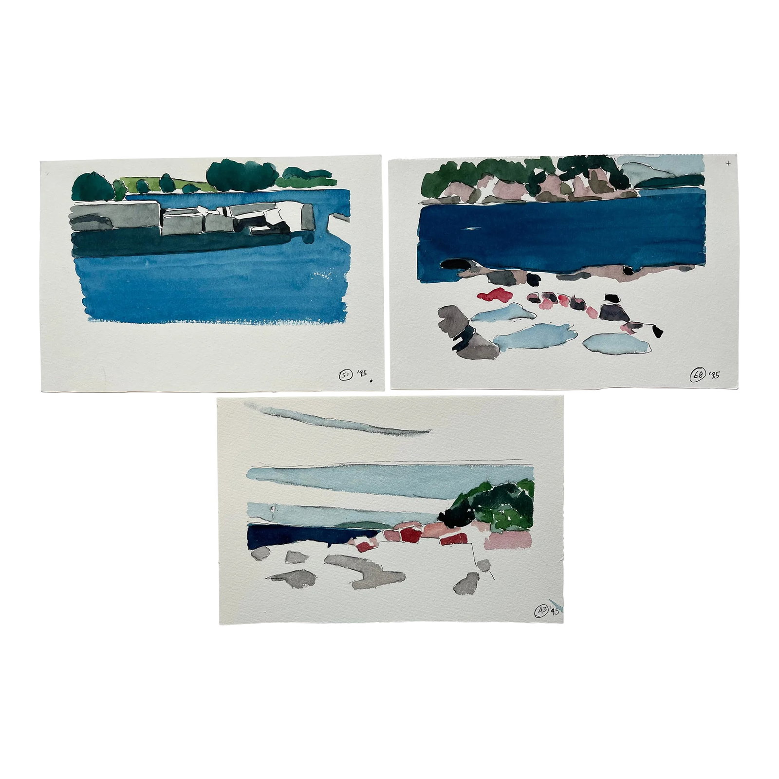 Set of 3 Watercolor and Ink Seascape Paintings by Robert Herrmann: Charming trio of unsigned and unframed watercolor and ink paintings on heavy paper depicting seaside scenes by Robert Herrmann (American, 1922 - 1996). The three hung together would make a lovely