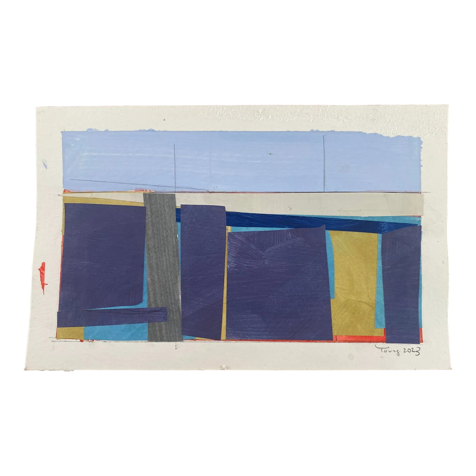 Original Lake Series Abstract Landscape Maquette Painting on Paper by Bryan Young: Brighten your room with bold colors from the Lake Series. Painted paper mounted to heavy acrylic archival watercolor paper. Paper measure 6x8 inches. Image size is 4x7 inches. Piece ships unframed. Co
