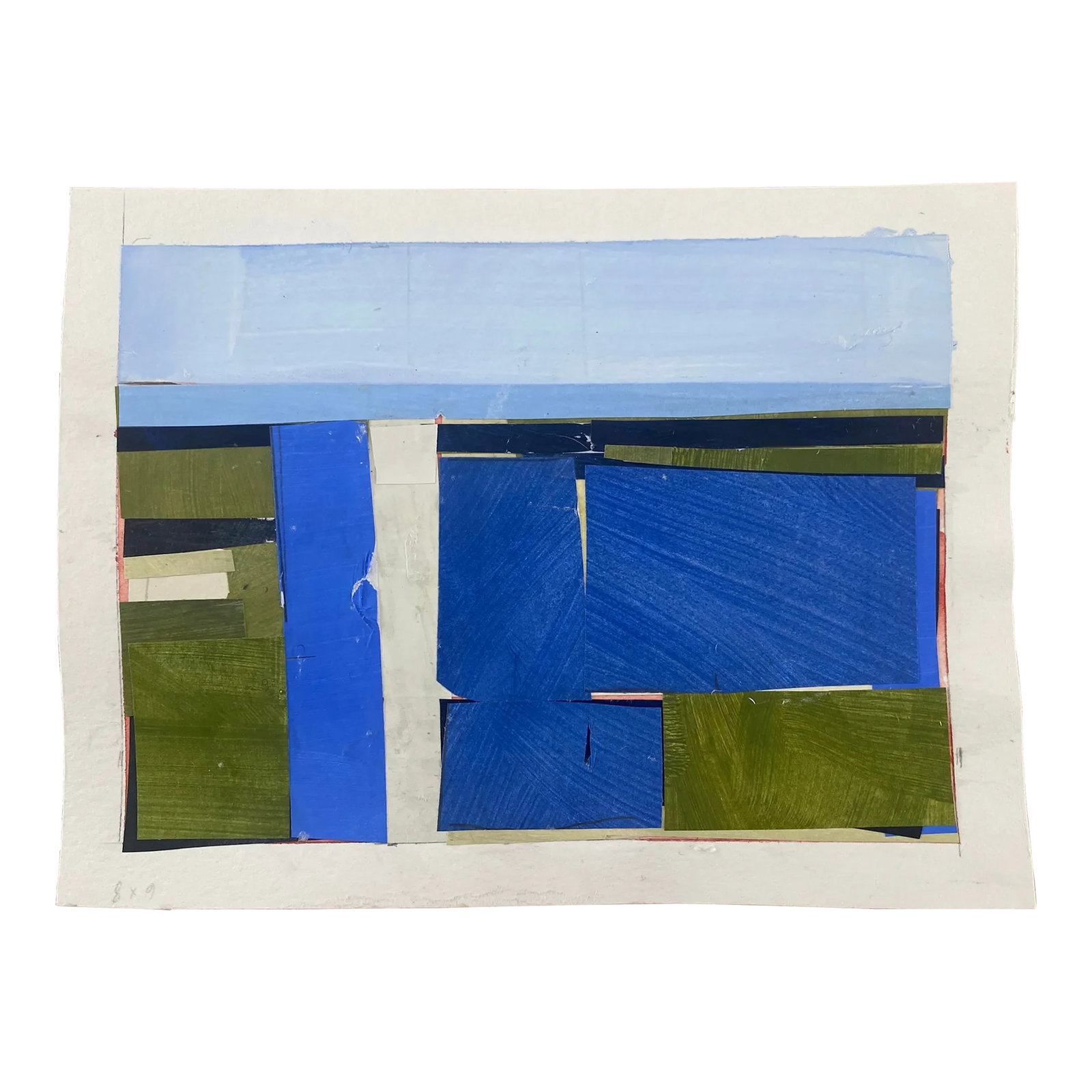 Original Lake Series Abstract Landscape Maquette Painting on Paper by Bryan Young: Brighten your room with bold colors from the Lake Series. Painted paper mounted to heavy acrylic archival watercolor paper. Paper measure 6x8 inches. Image size is 5x7 inches. Piece ships unframed. Co