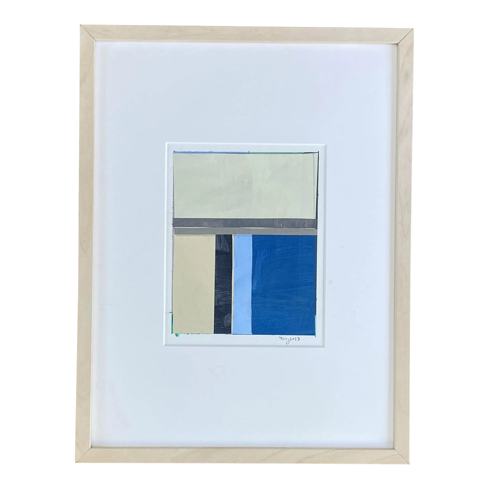 "Lake Series" Abstract Landscape Painted Collage on Paper by Bryan Young: Contemporary painting on paper. Framed with a white matte and wooden frame. Lake Series 12x16 inches. Condition: Imperfections: No Imperfections Origin: United States Materials & Tec