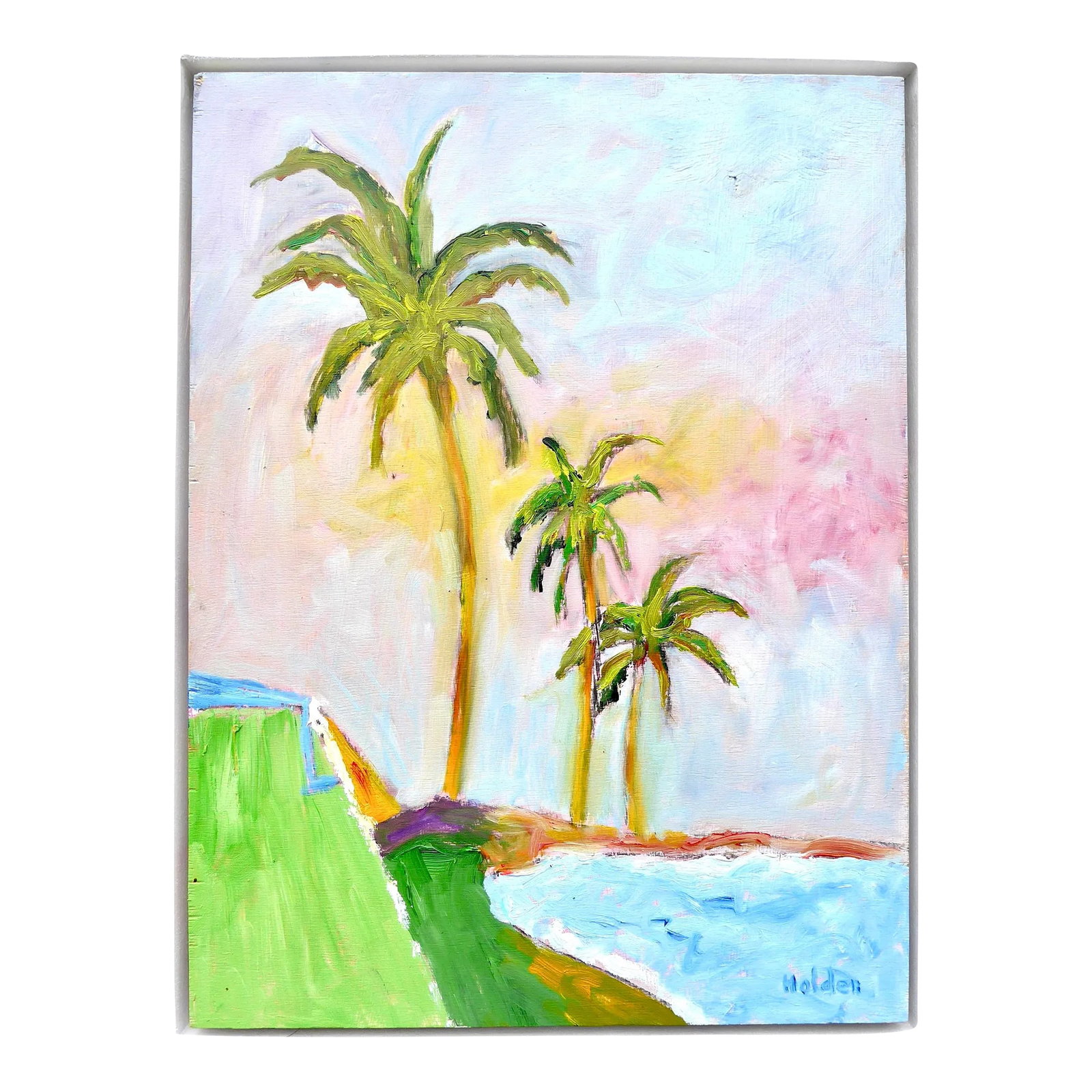 "Three Palms at Sunset" , Framed Oil Painting: Original painting from a private collection. Over 35 people have liked this painting, be the one to own it or give it as a gift! Plein air oil painting of three palm trees in the breeze on a beach at