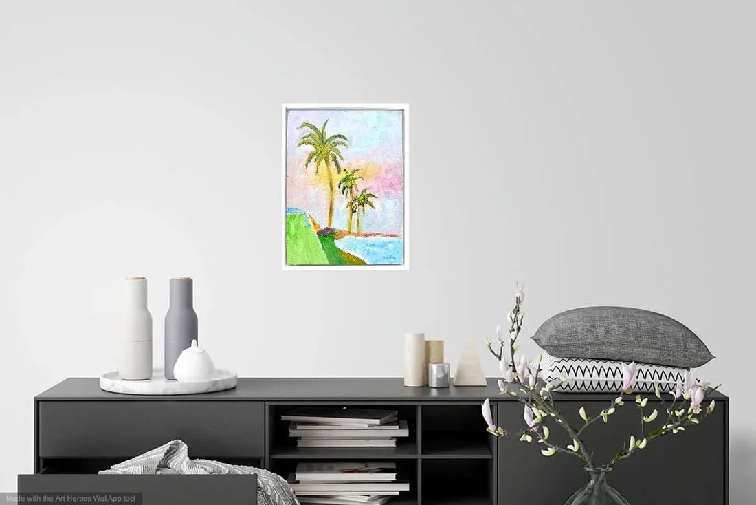 "Three Palms at Sunset" , Framed Oil Painting - 2