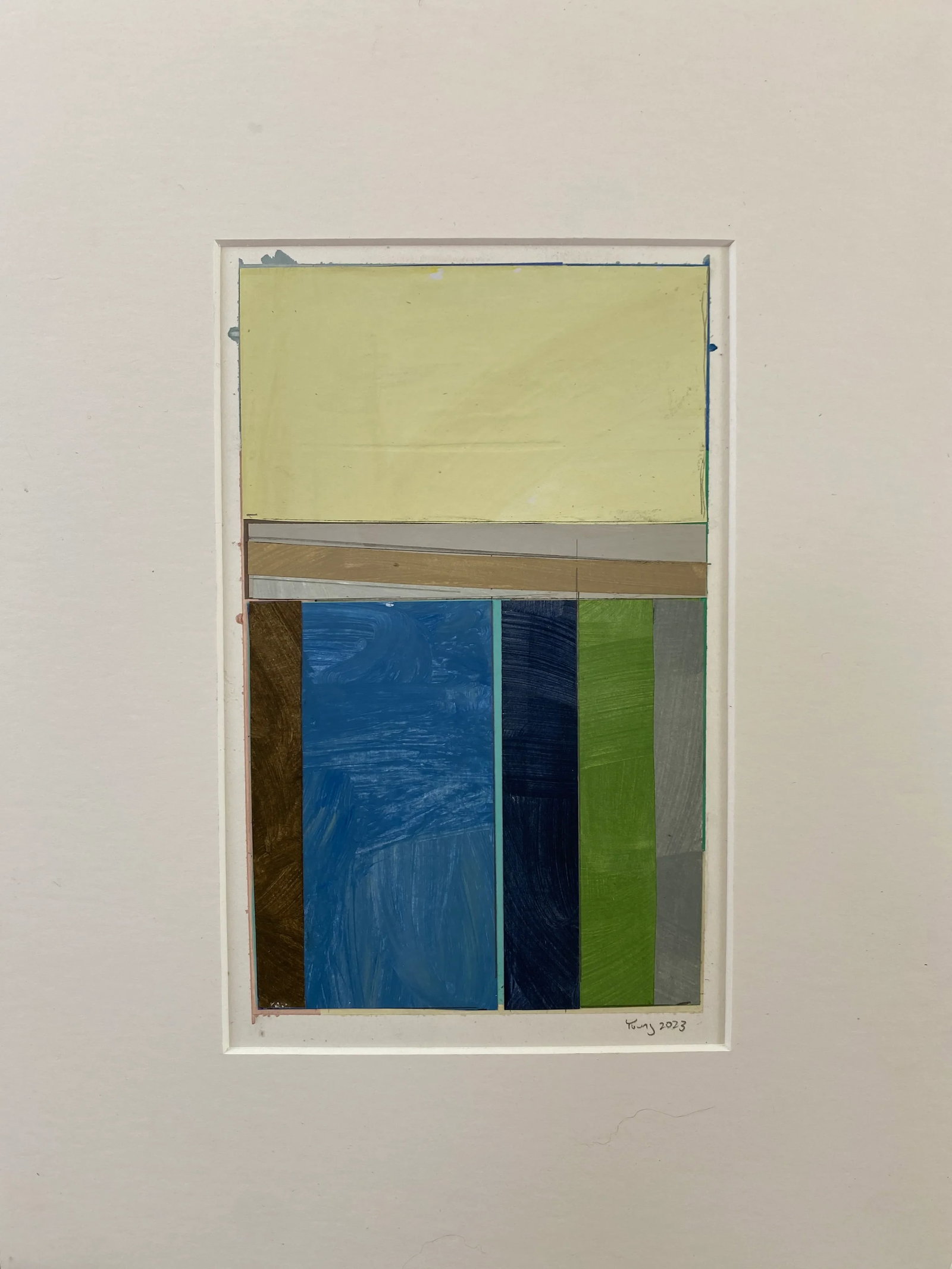"Lakes Series" Contemporary Original Abstract Landscape Collage Painting on Paper by Bryan Young: Painted collage on paper. Piece measures 12x16 inches framed. Condition: Imperfections: No Imperfections Origin: United States Materials & Techniques: Acrylic Paint, Paper PLAC