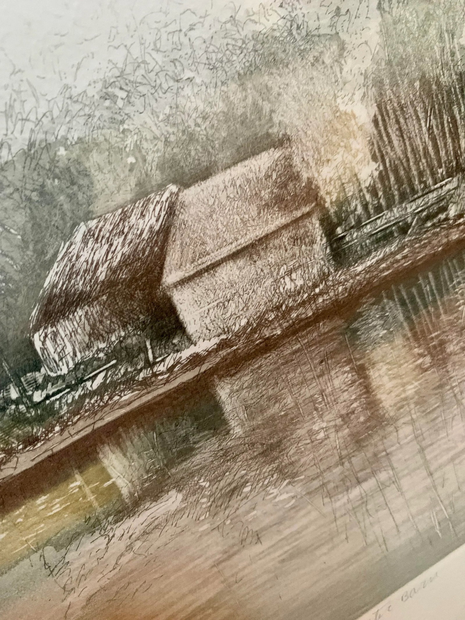 1980's Original Artist Signed Lithograph Print on Handmade Paper Titled 'Water Barn', Framed - 12