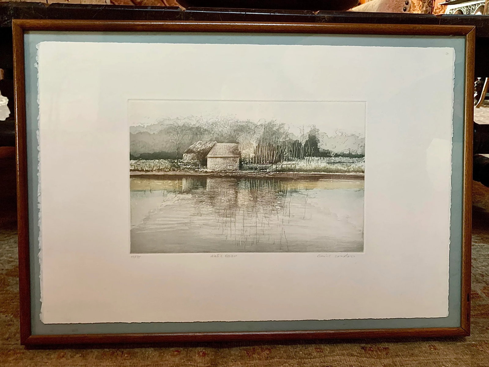 1980's Original Artist Signed Lithograph Print on Handmade Paper Titled 'Water Barn', Framed - 13