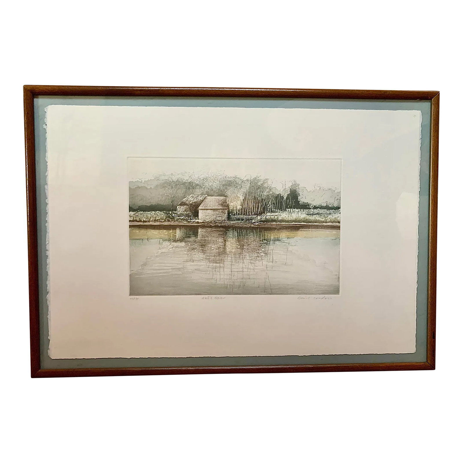 1980's Original Artist Signed Lithograph Print on Handmade Paper Titled 'Water Barn', Framed: 1980's Original Artist Signed Lithograph Print on Handmade Paper Titled 'Water Barn', Framed. Ethereal etching of a rustic barn as it reflects off the water rendered in subtle monochromatic tones of