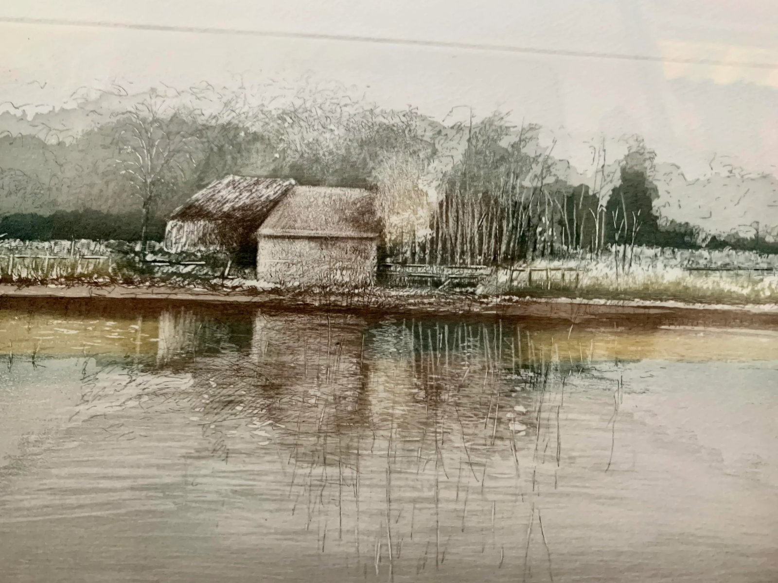 1980's Original Artist Signed Lithograph Print on Handmade Paper Titled 'Water Barn', Framed - 2