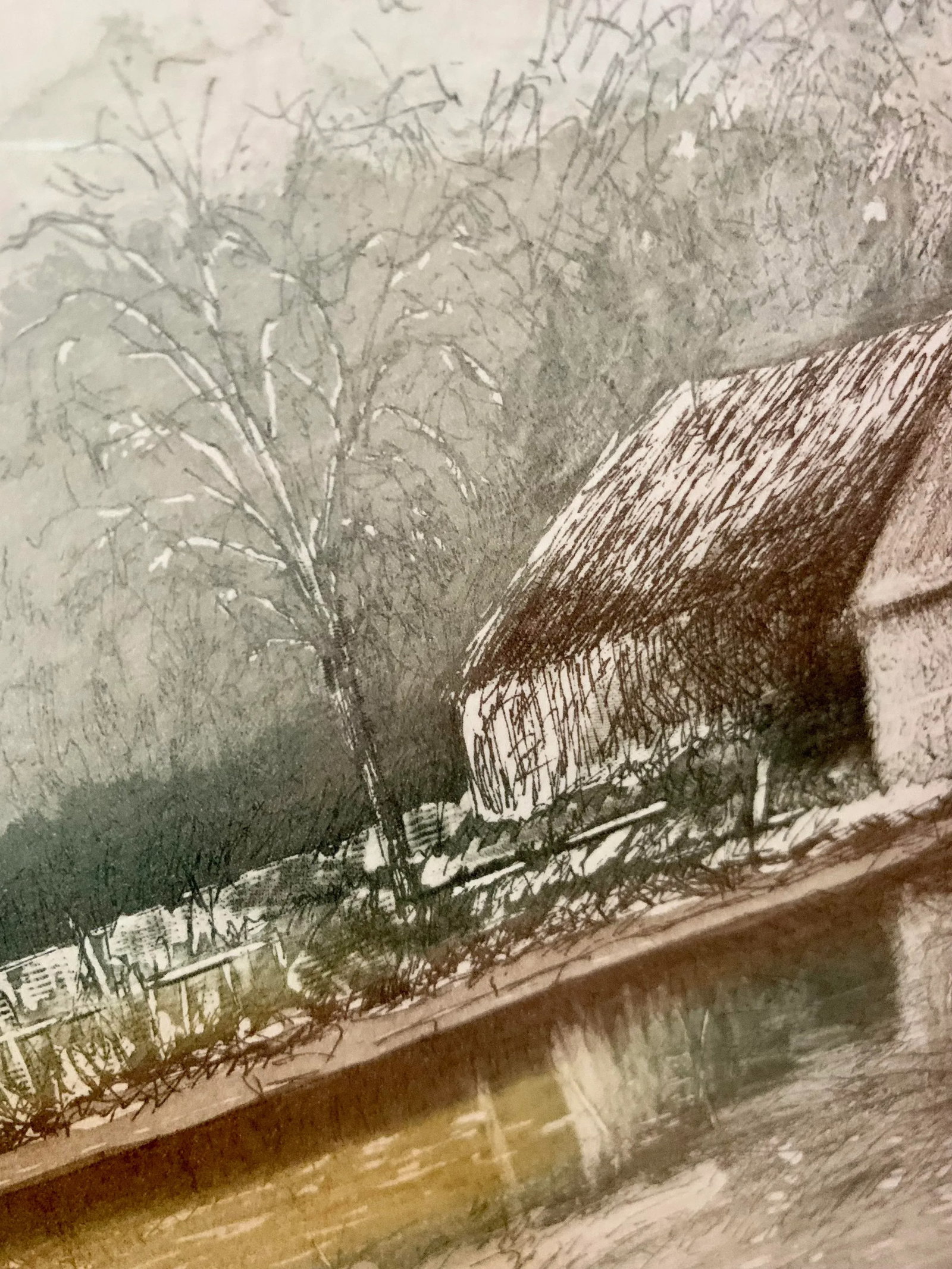 1980's Original Artist Signed Lithograph Print on Handmade Paper Titled 'Water Barn', Framed - 3