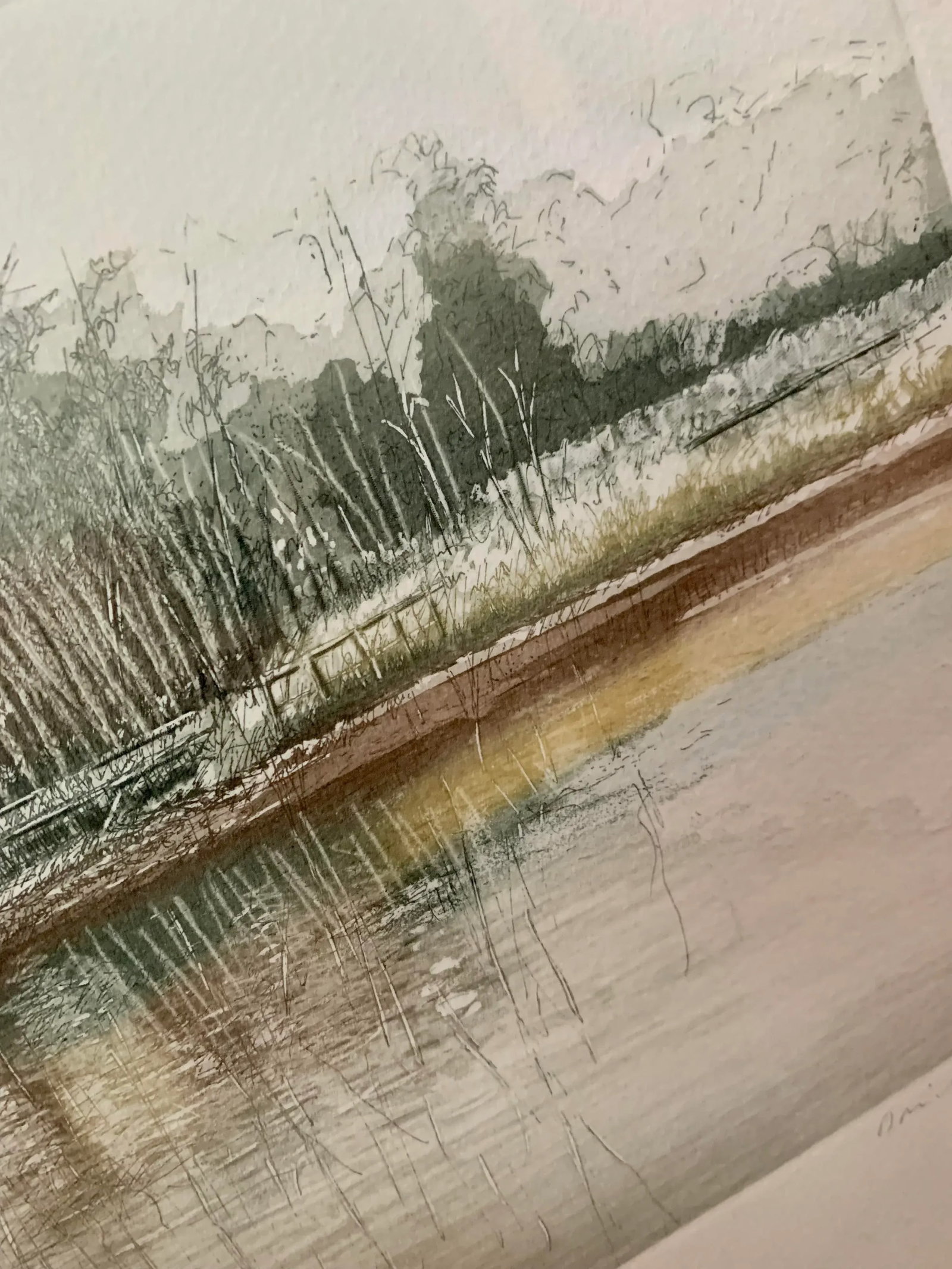 1980's Original Artist Signed Lithograph Print on Handmade Paper Titled 'Water Barn', Framed - 4