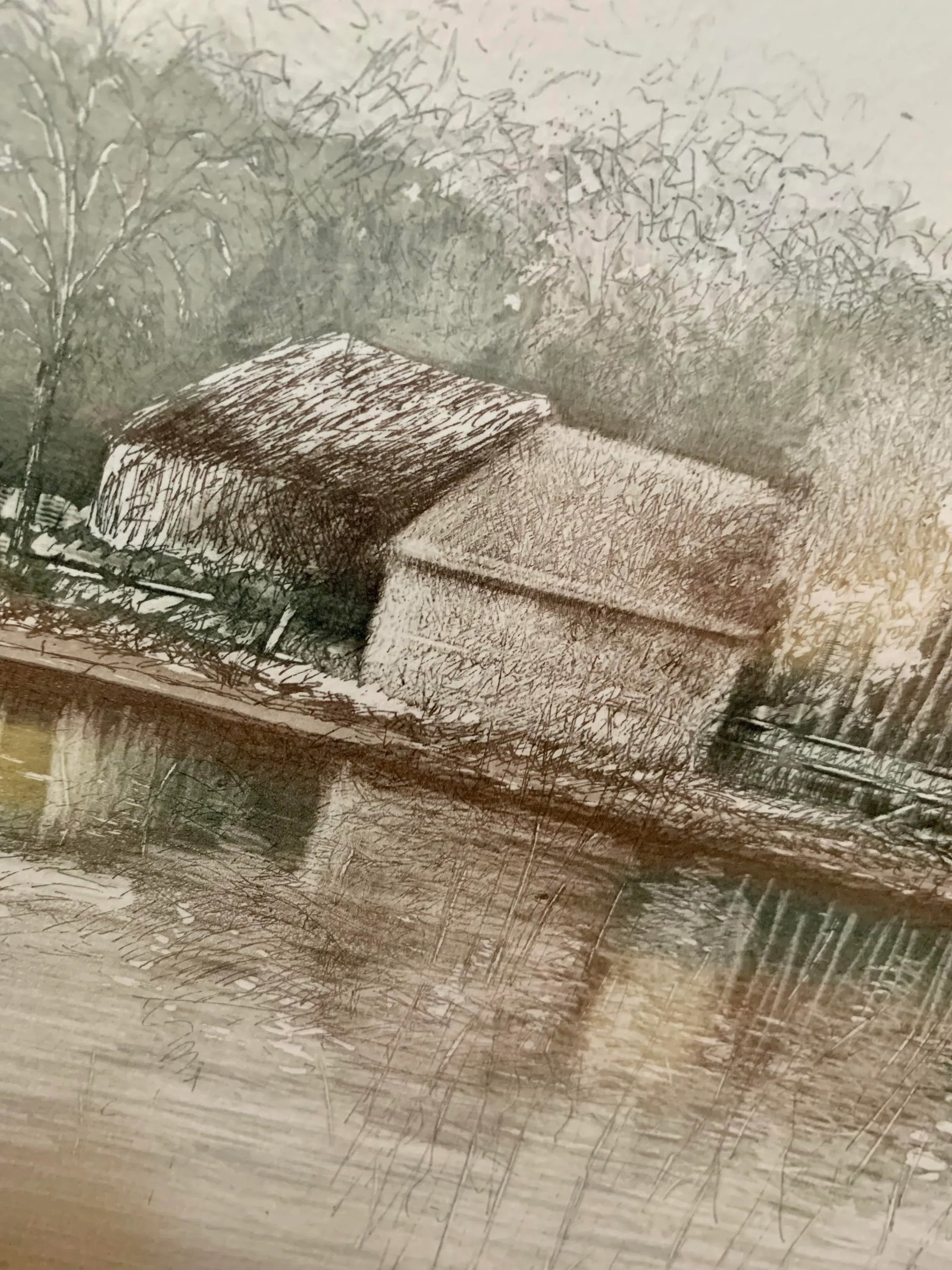1980's Original Artist Signed Lithograph Print on Handmade Paper Titled 'Water Barn', Framed - 5