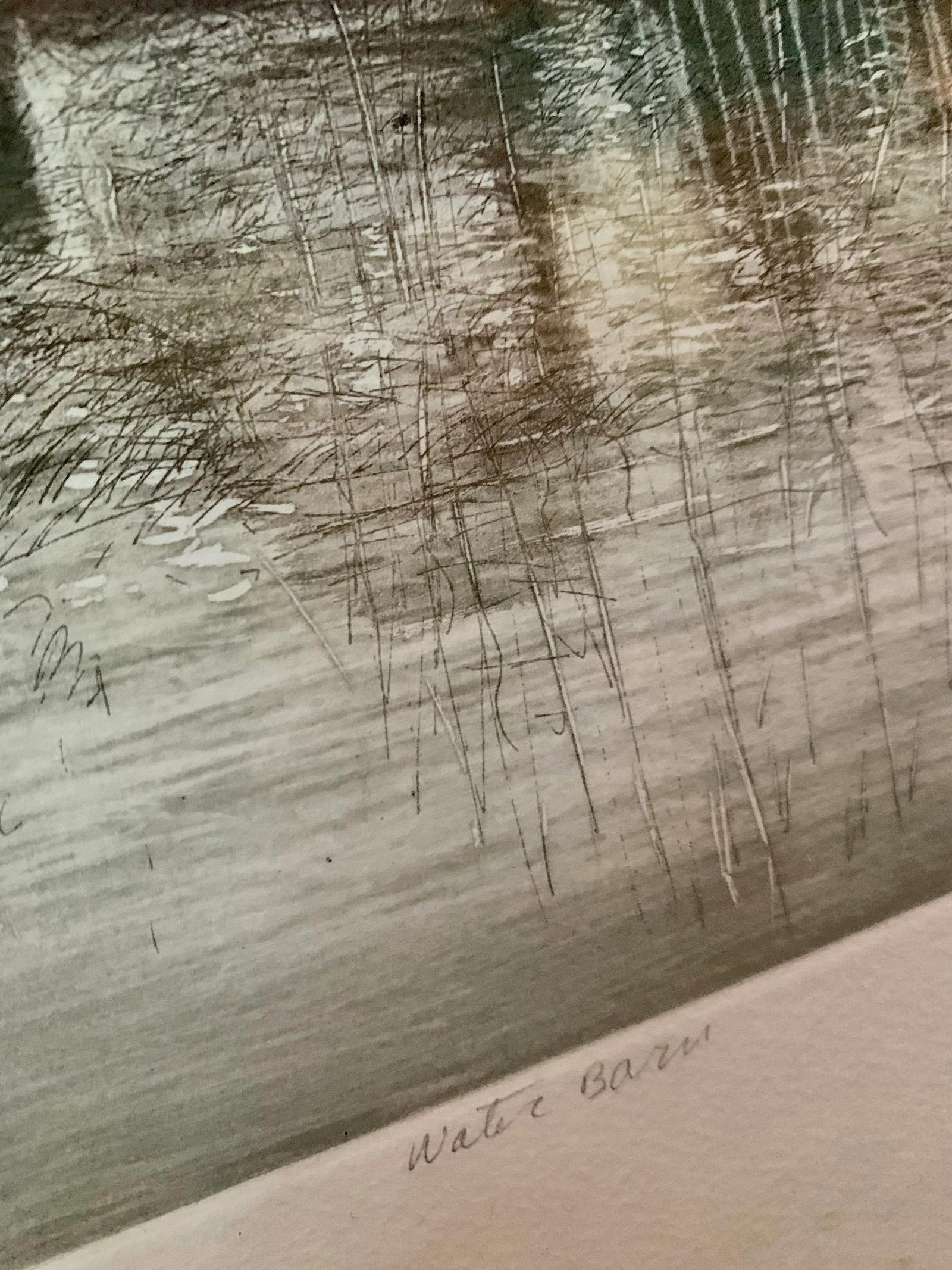 1980's Original Artist Signed Lithograph Print on Handmade Paper Titled 'Water Barn', Framed - 7