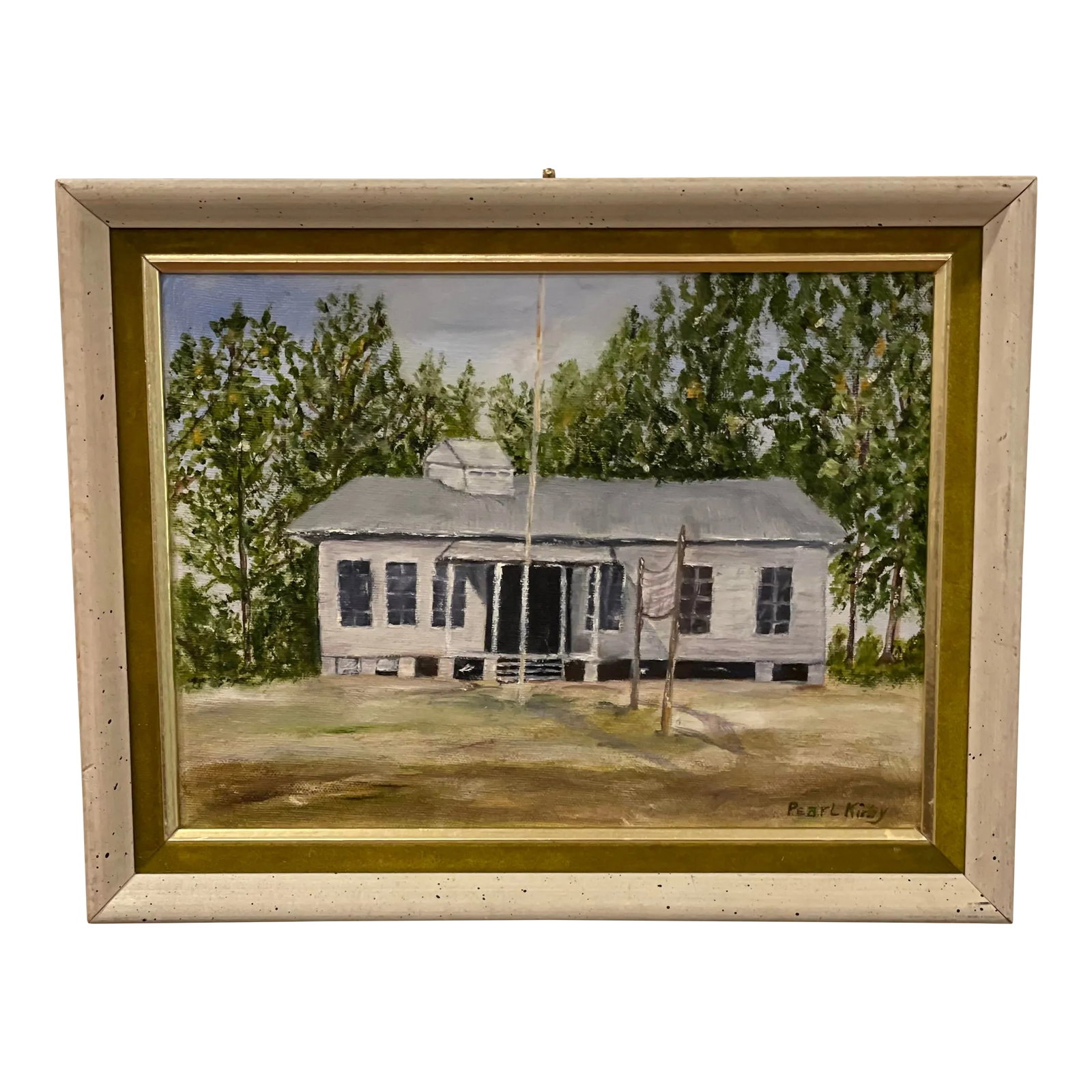"Summer Camp" Original Signed Realist Style Painting of a Camp by Artist Pearl Kirby Framed: Bring back memories of your childhood with this fun "Summer Camp" Original Signed Reslist Style Painting of a Summer Camp by artist Pearl Kirby Framed in a wood frame with green velvet and gold inlay.