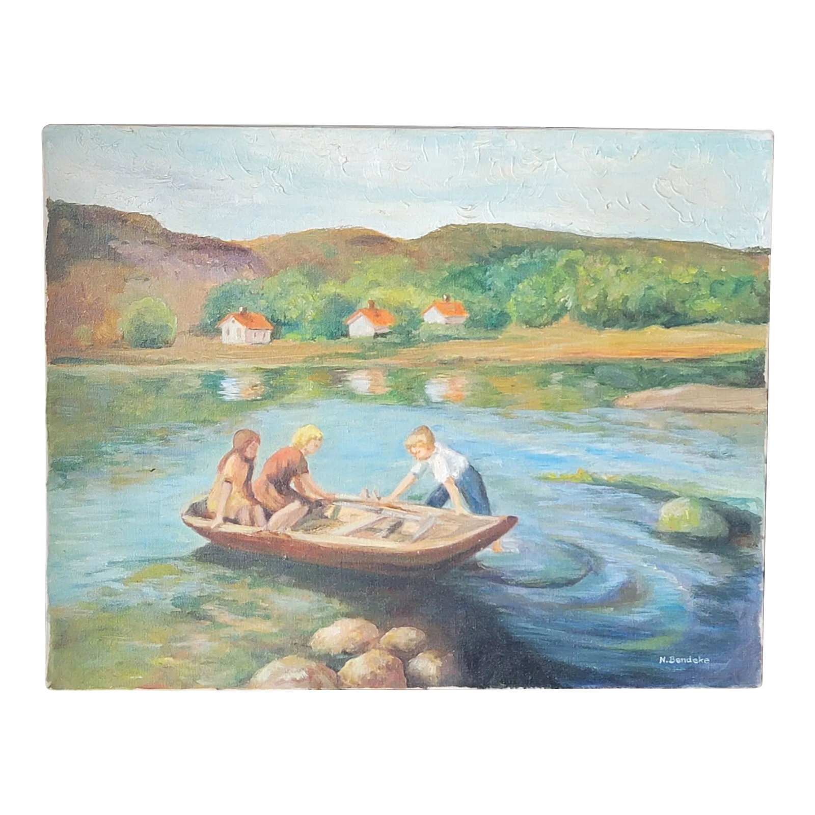 Vintage Bucolic Oil Painting on Canvas Children in Rowboat Unframed Signed: Vintage Oil Painting on Canvas Children in Rowboat Unframed Stretched Canvas Measures approx 14 x 18" and has a wire for hanging. Signed N. Bendeke This painting came from the estate of a woman who