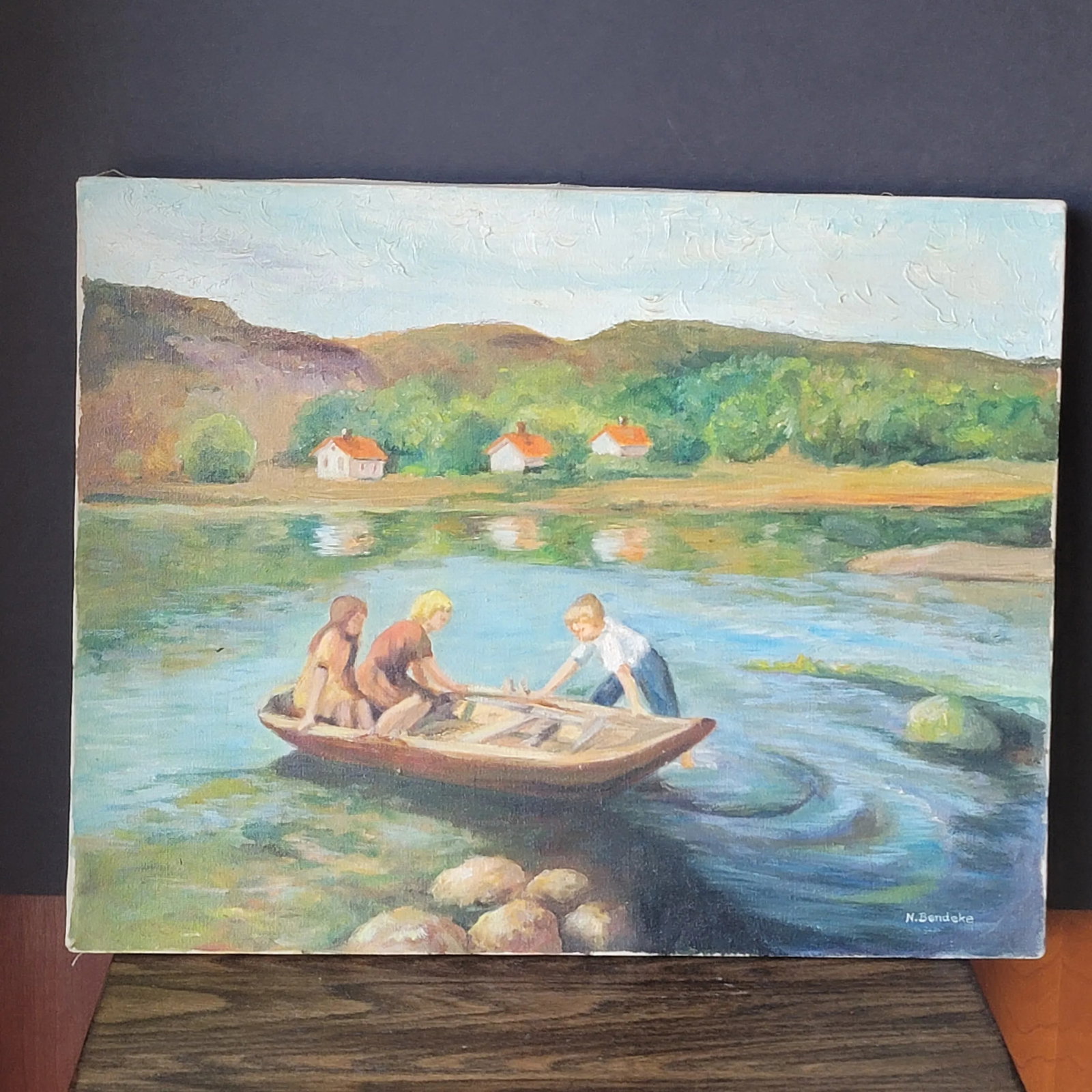 Vintage Bucolic Oil Painting on Canvas Children in Rowboat Unframed Signed - 3