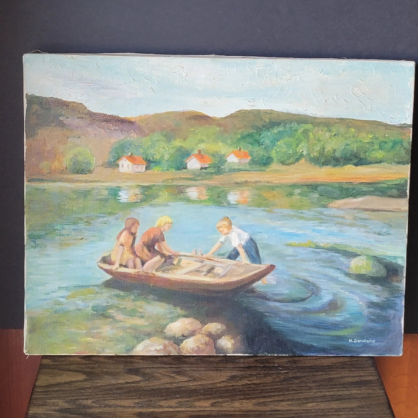 Vintage Bucolic Oil Painting on Canvas Children in Rowboat Unframed Signed - 5