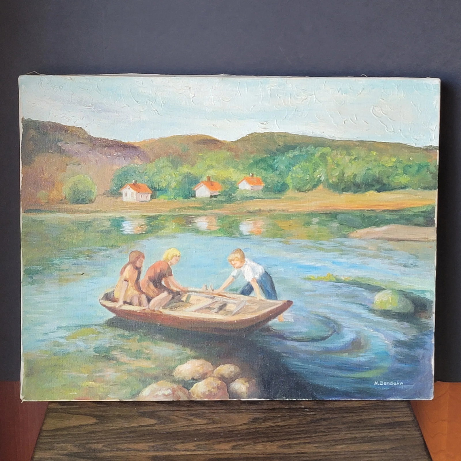 Vintage Bucolic Oil Painting on Canvas Children in Rowboat Unframed Signed - 6
