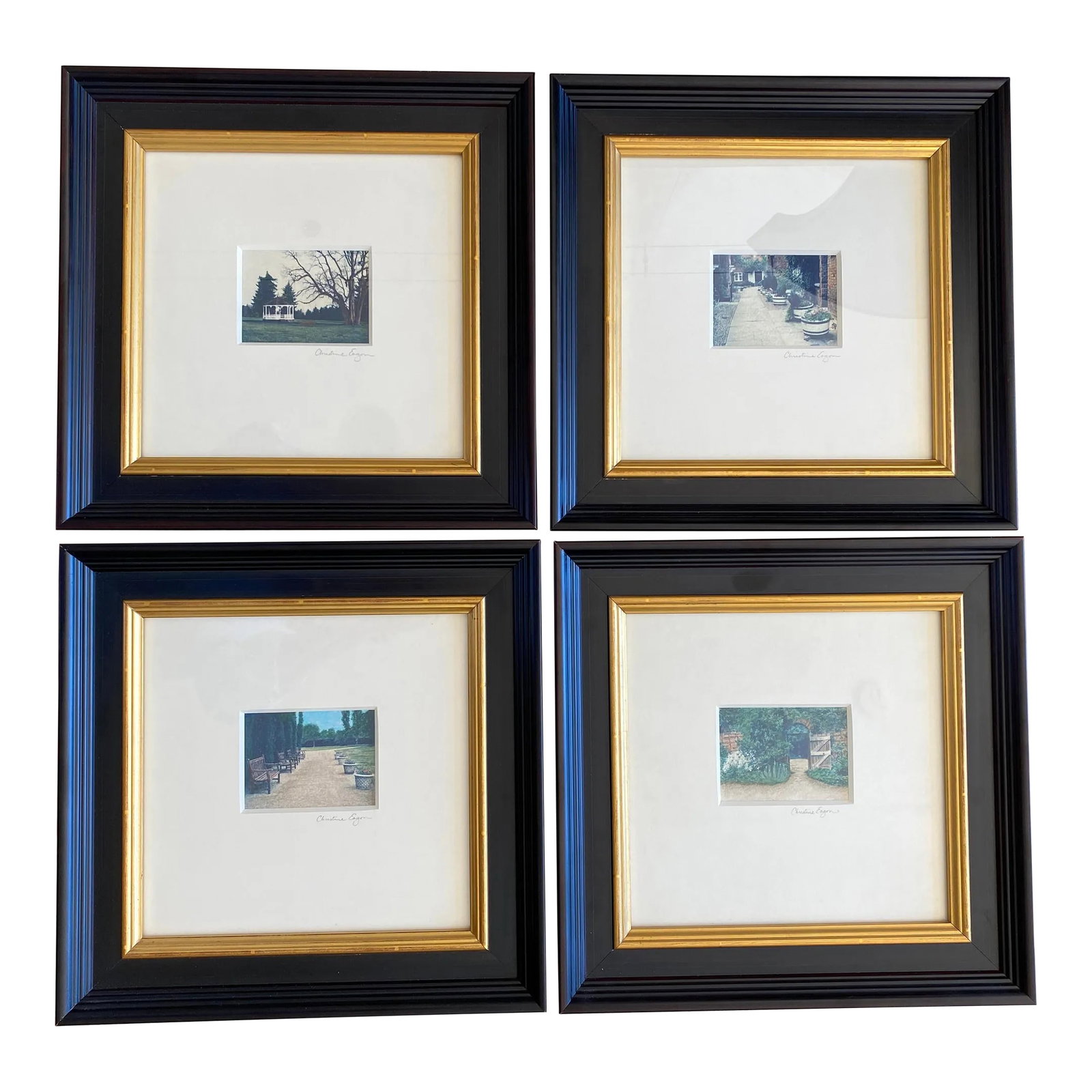 Early 21st Century Signed Polaroid Transfers, Set of 4, Landscape Garden Scenes: Beautifully framed Polaroid Transfers by Pacific Northwest Artist, Christine Eagon, Set of 4. The framing is black w/ gold trim and a 16-ply mat board. Polaroid Transfer/Emulsion is described by the w