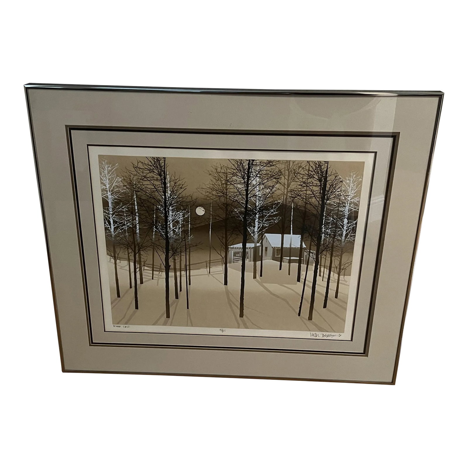 Vintage Artwork by Virgil Thrasher "Moon Cast" Seriograph Signed #35/375: Handsome Mid Century Artwork by Virgil Thrasher. This piece depicts a quiet landscape scene in the snowy woods. The bright moon is central in the foreground behind the bare trees in the forest and a