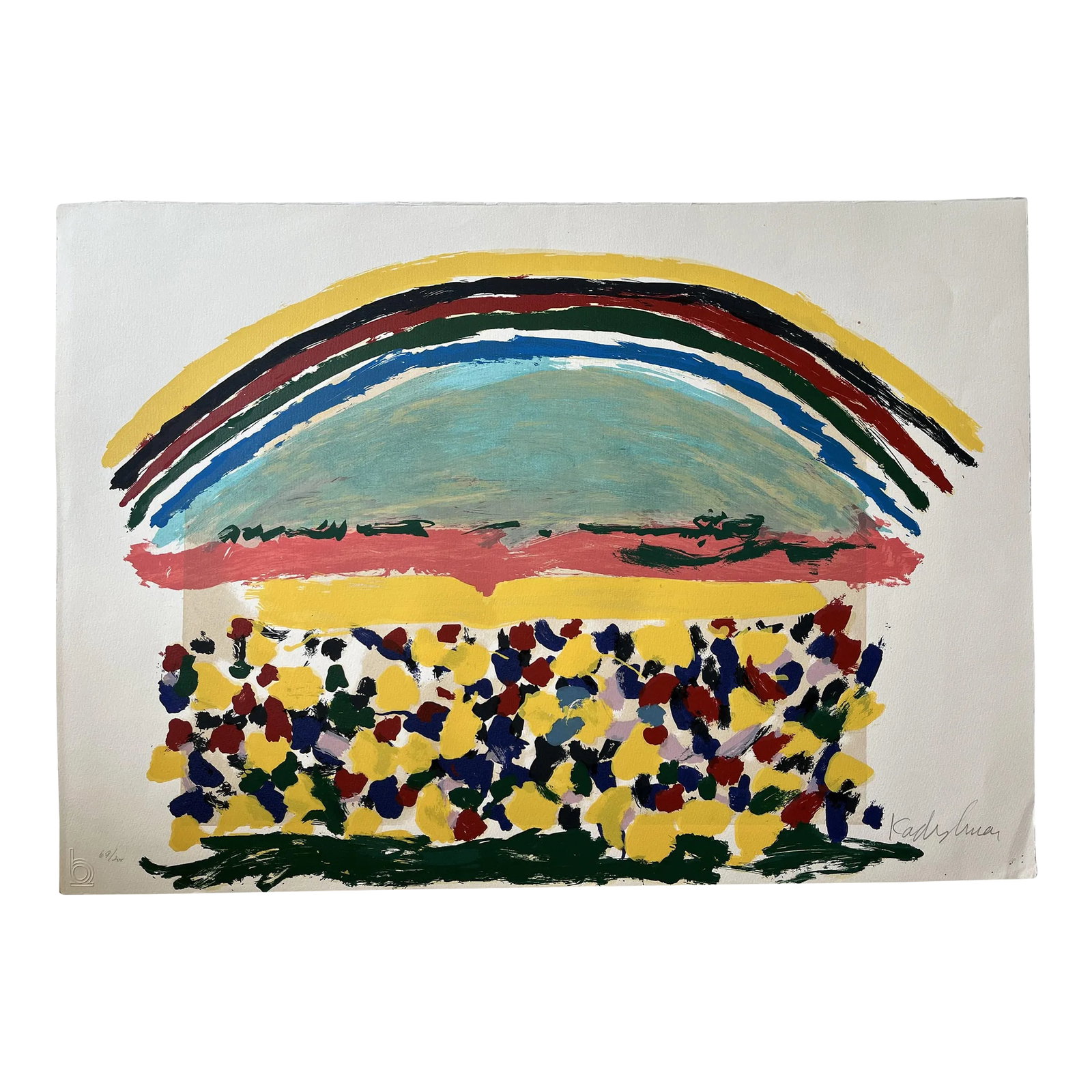 Original Hand Signed Limited Edition Menashe Kadishman Serigraph of Rainbow Over a Field: This original hand signed limited edition Menashe Kadishman serigraph of rainbow over a field is a wonderful example of his work which is known for its vibrant colors and images of nature and