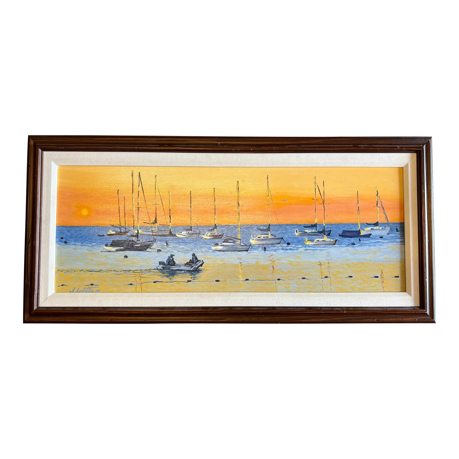 "Fishcreek Sunset" Impressionist Style Seascape Painting Signed by Jim Leatham: Beautiful coloring of Orange and Blue in this original signed painting by Jim Leatham. The paintings display characteristics of the techniques utilized by plein air painters: strong brushstrokes, stro