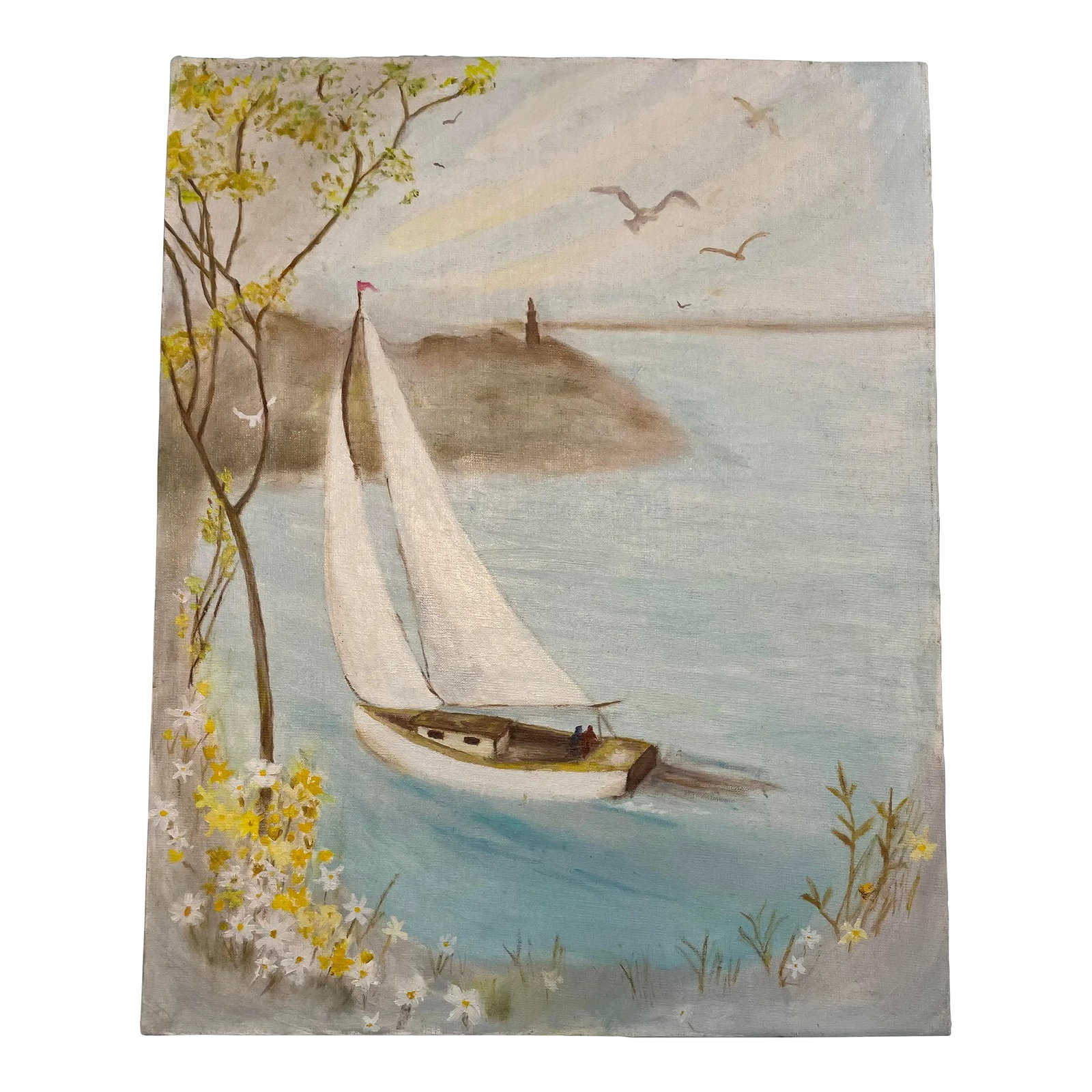 1970s Realist Sailing Oil Painting on Flat Canvas: An vintage look oil painting of very calm sailing. Peaceful painting at least 50 years old. No signature. Condition: Alterations: Original Condition Unaltered Imperfections: Some Imperfections