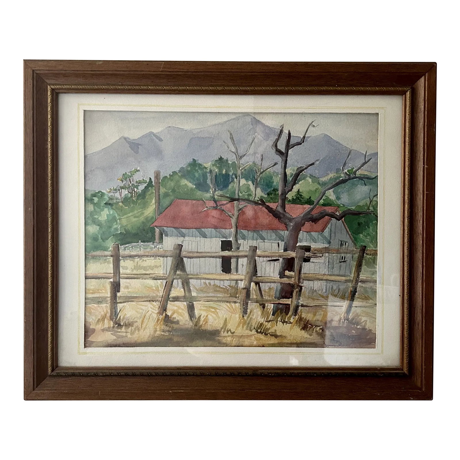 Vintage Original Watercolor Painting "Red Roof Farmhouse", Framed: Original watercolor painting of a white farmhouse with a red roof set behind a rustic post and beam fence with rolling hills in the background. A classic Americana landscape. RED ROOF FARMHOUSE
