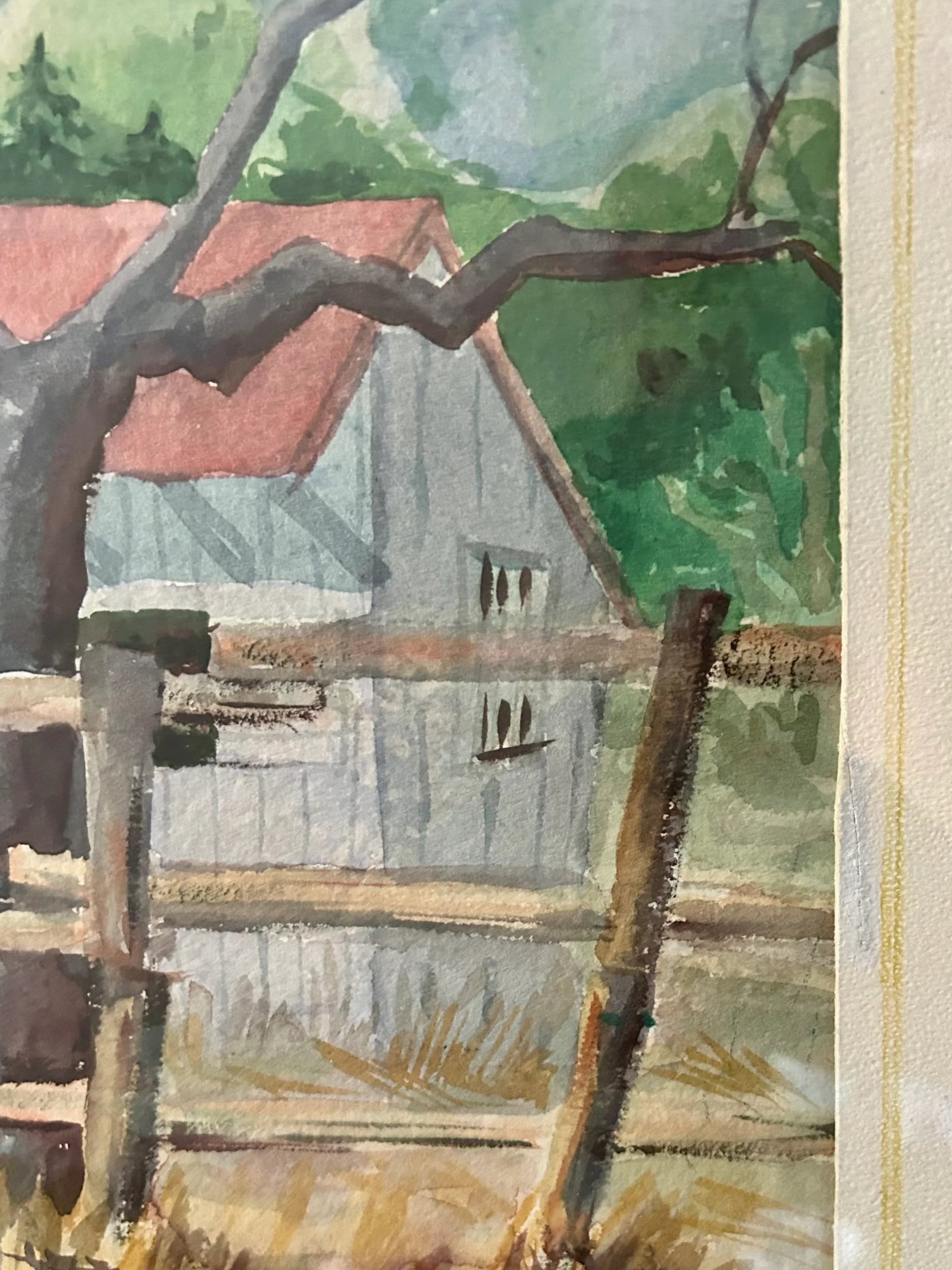 Vintage Original Watercolor Painting "Red Roof Farmhouse", Framed - 2