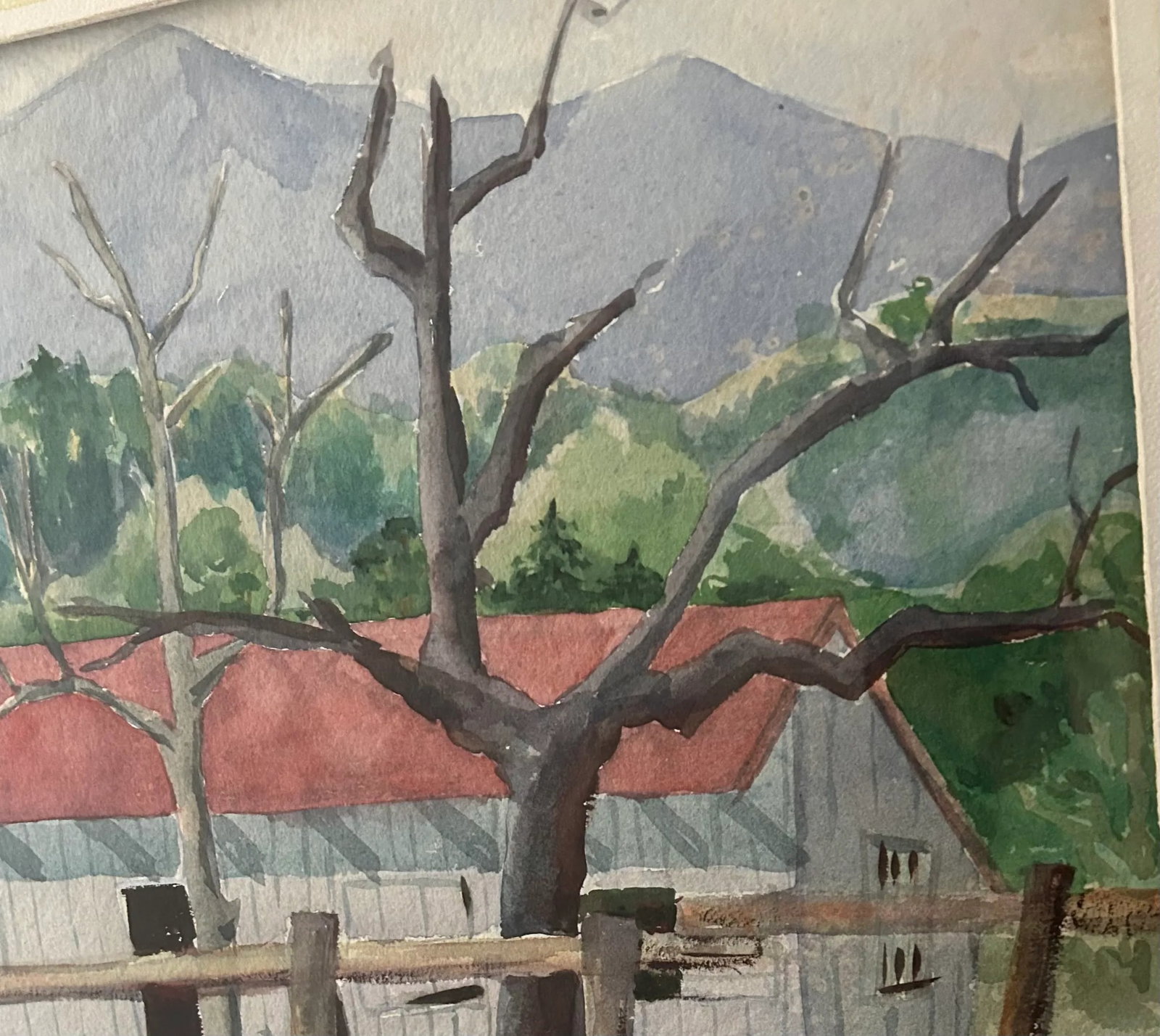 Vintage Original Watercolor Painting "Red Roof Farmhouse", Framed - 3