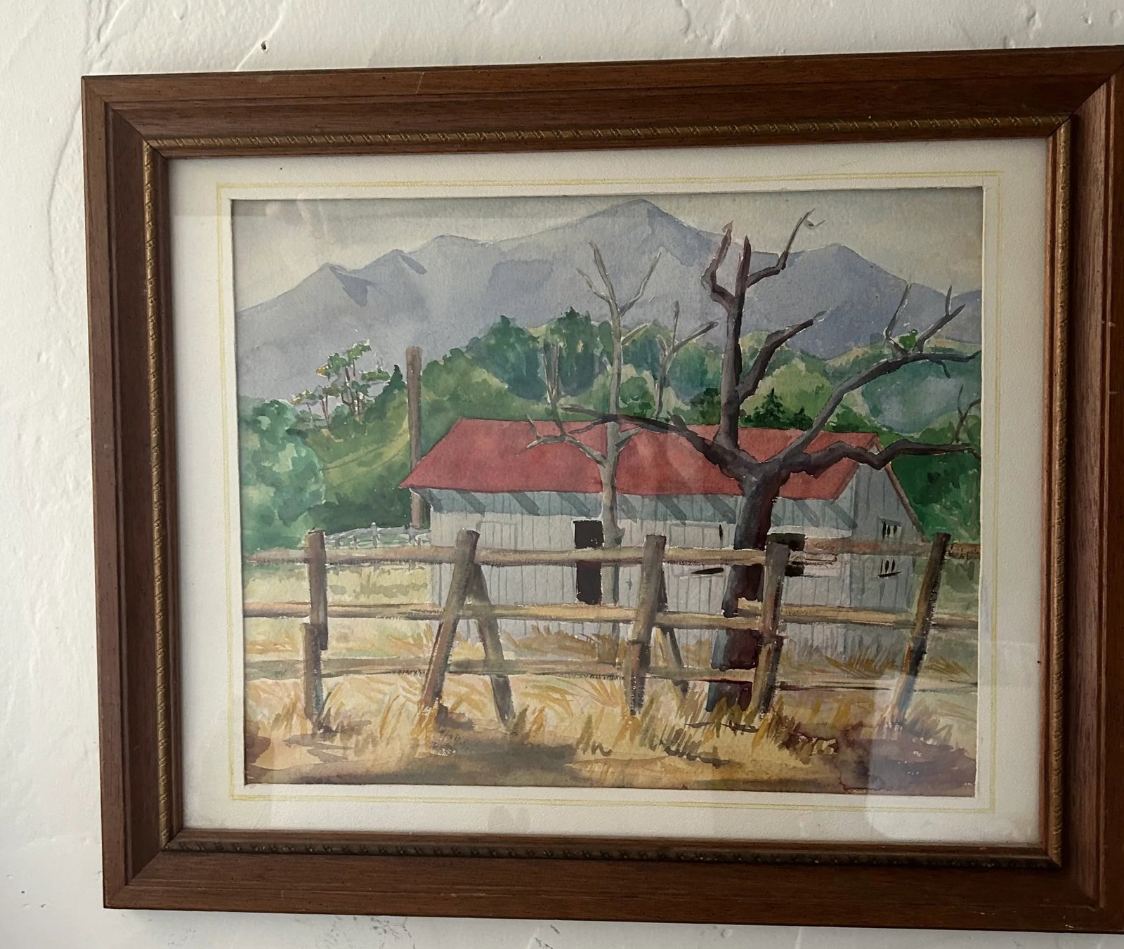 Vintage Original Watercolor Painting "Red Roof Farmhouse", Framed - 6