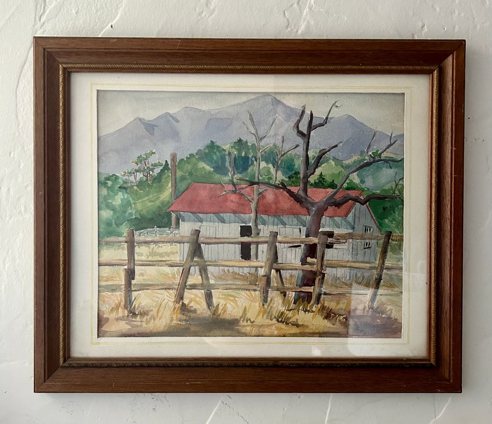 Vintage Original Watercolor Painting "Red Roof Farmhouse", Framed - 9
