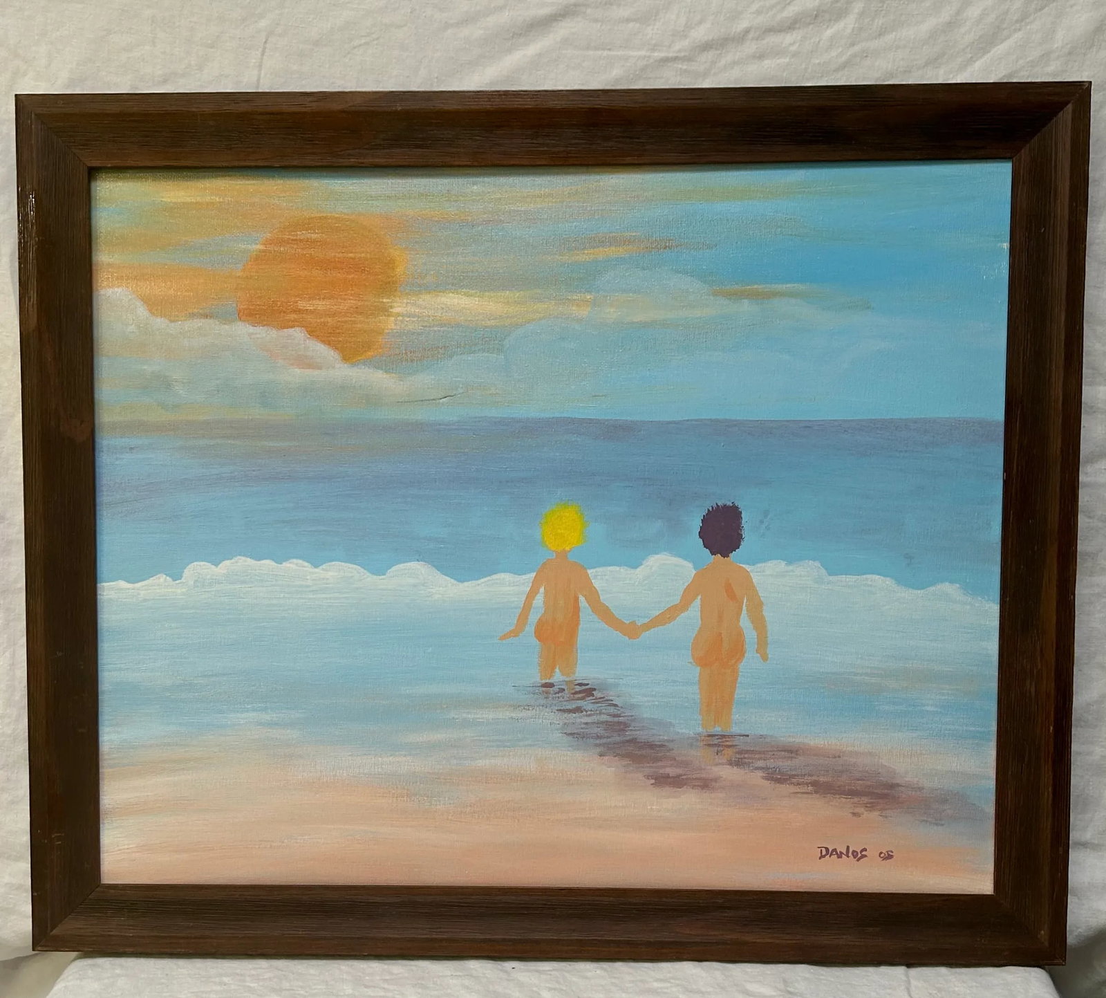 Impressionistic Seascape "Let's Go Swimming" Oil Painting on Canvas by Danos, Framed - 10