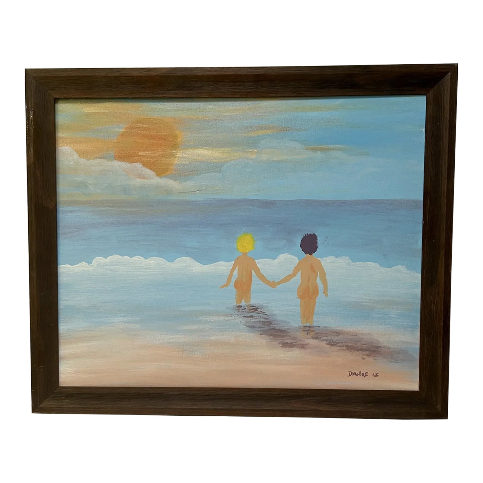 Impressionistic Seascape "Let's Go Swimming" Oil Painting on Canvas by Danos, Framed: This original oil painting by Danes captures the pure joy of being at the seashore on a sunny day with a good friend. Its whimsical depiction of two figure contemplating going for a swim will put a