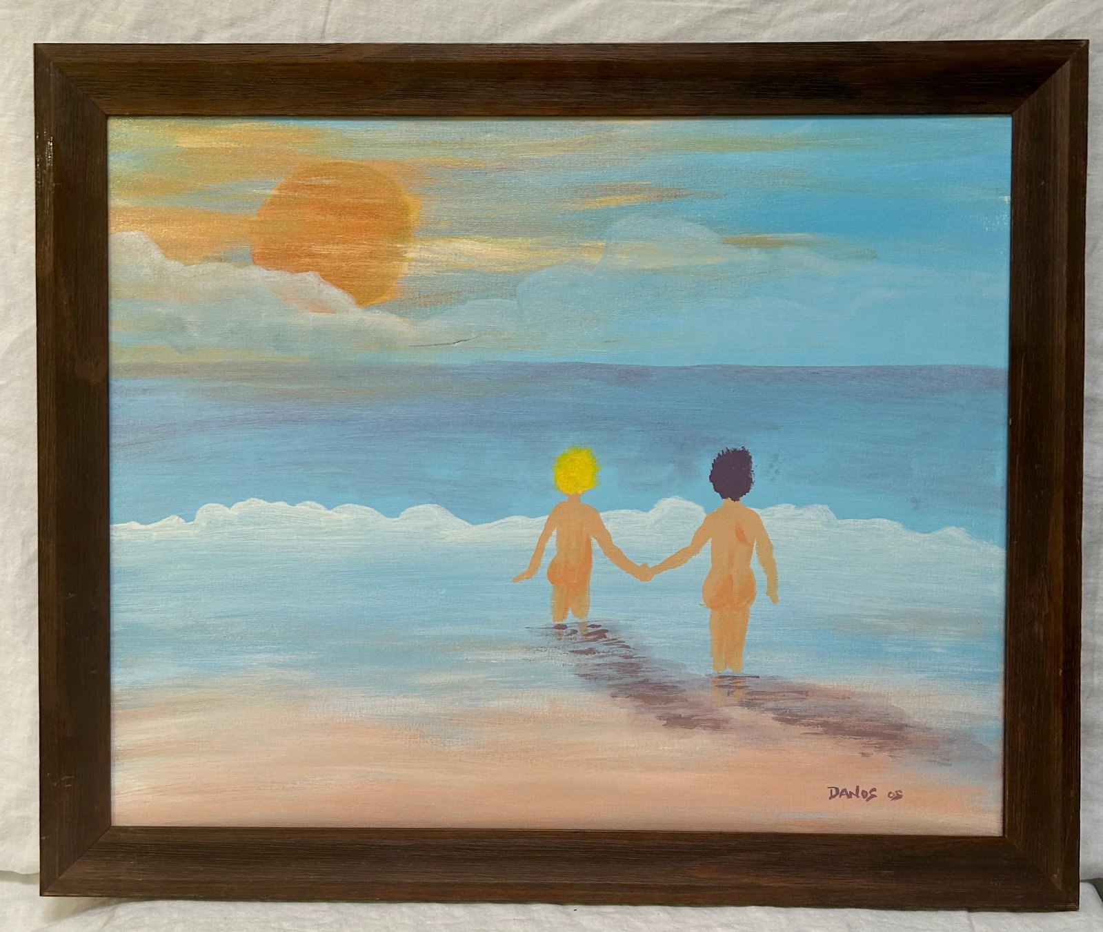 Impressionistic Seascape "Let's Go Swimming" Oil Painting on Canvas by Danos, Framed - 9