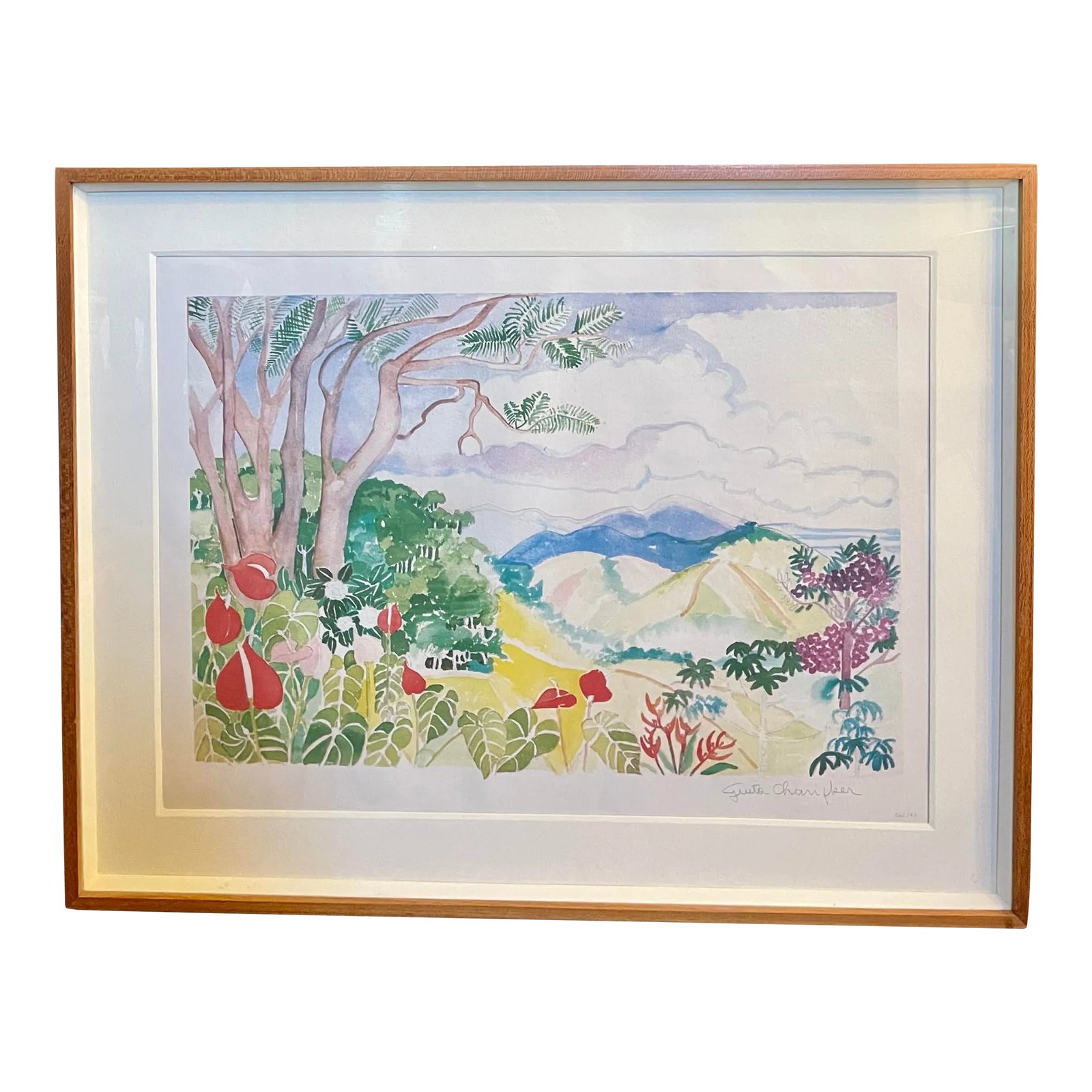 Signed Lithograph by Guita Chariker Featuring a Brazilian Landscape and Botanicals. 02/133: Signed Lithograph by Guita Chariker Featuring a Brazilian Landscape and Botanicals. 02/133. Charifker was born in 1936 and had a career as a painter, sculptor, and engraver. His work has appeared, in