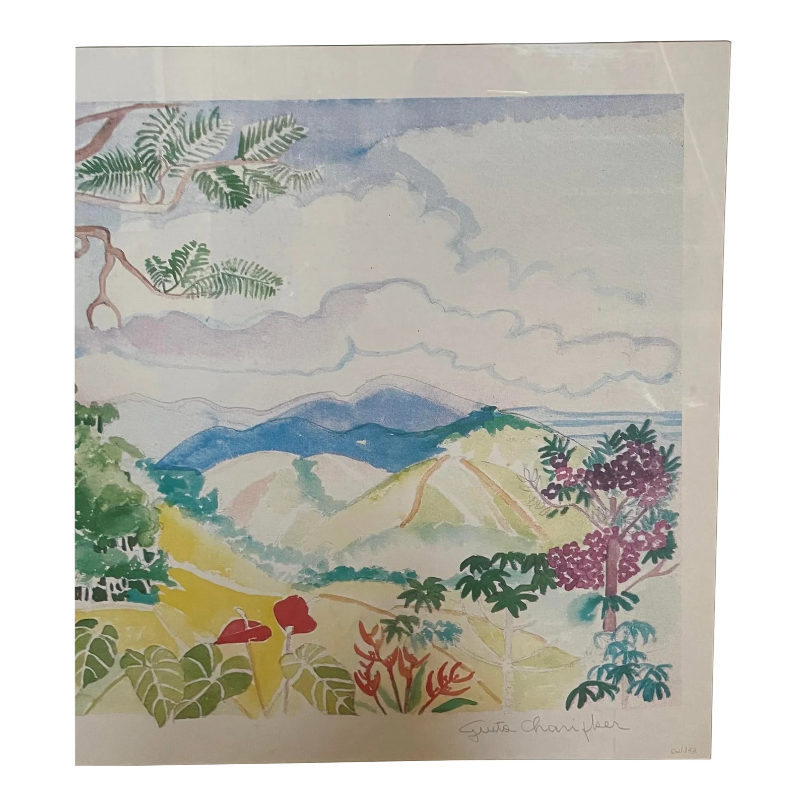 Signed Lithograph by Guita Chariker Featuring a Brazilian Landscape and Botanicals. 02/133 - 2