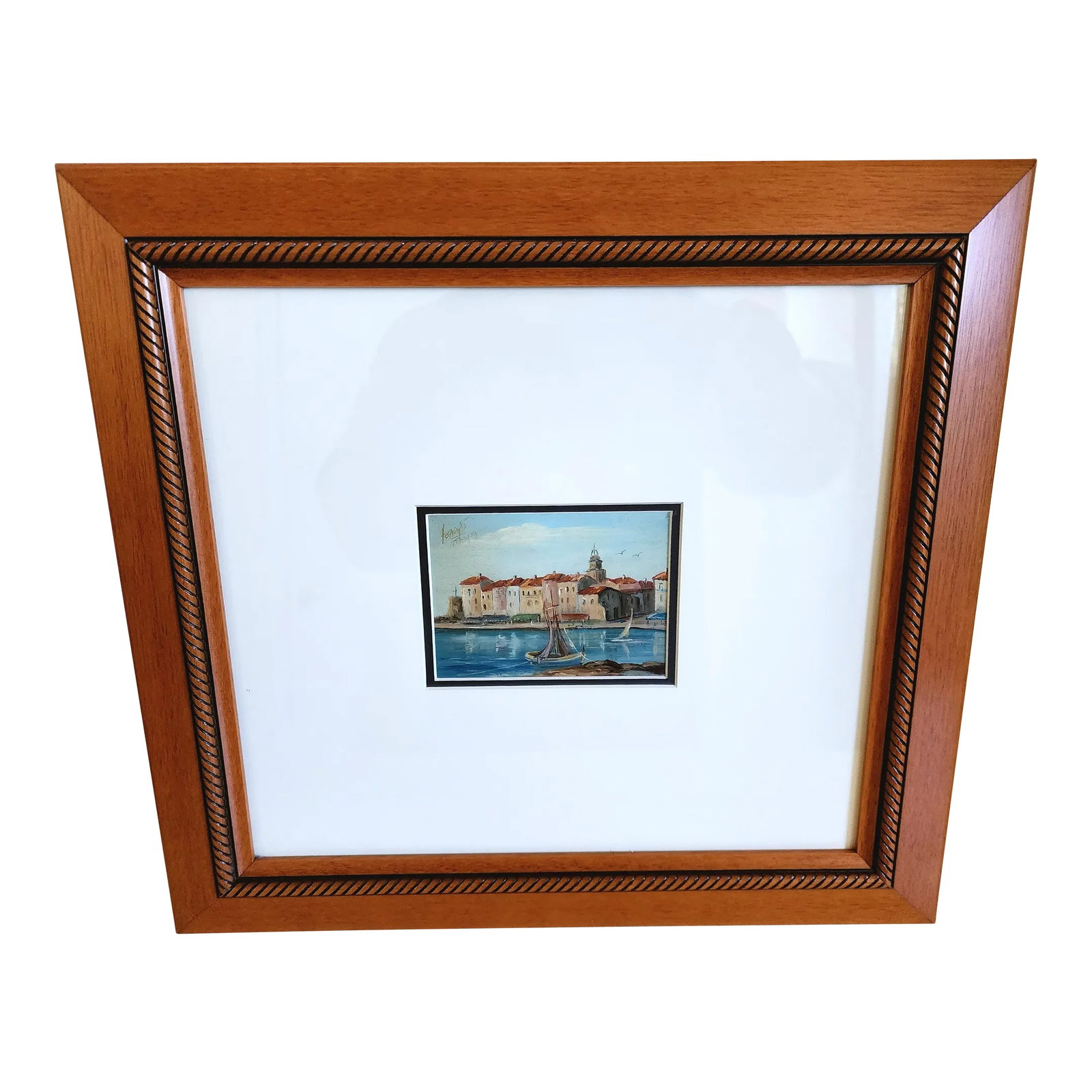 Late 20th Century Original Acrylic Painting of Seaside Landscape Signed by Artist Framed: Small but very nice original painting of a seaside village. The frame is very pretty and nicely matched to the art work. Both the size and subject matter will draw your attention and appreciation for