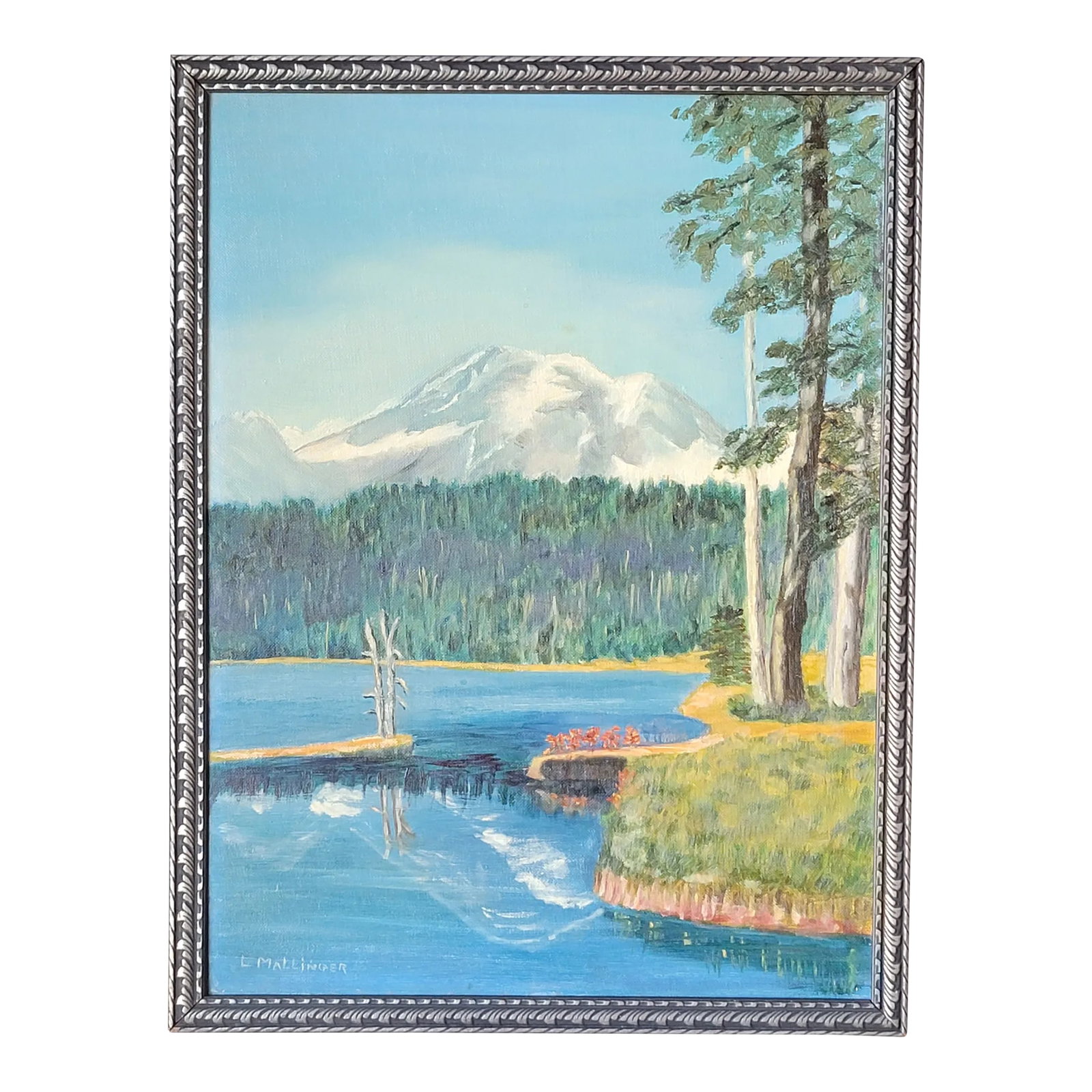 Vintage Landscape Oil Painting on Board of a Lake with Mountains and Trees, Signed and Framed: Vintage Framed Landscape Oil Painting on Board Signed Lake Mountains Trees Woods Signed " L. Mallinger" on front with name address and info hand written on the back. See photos Painting of Lake