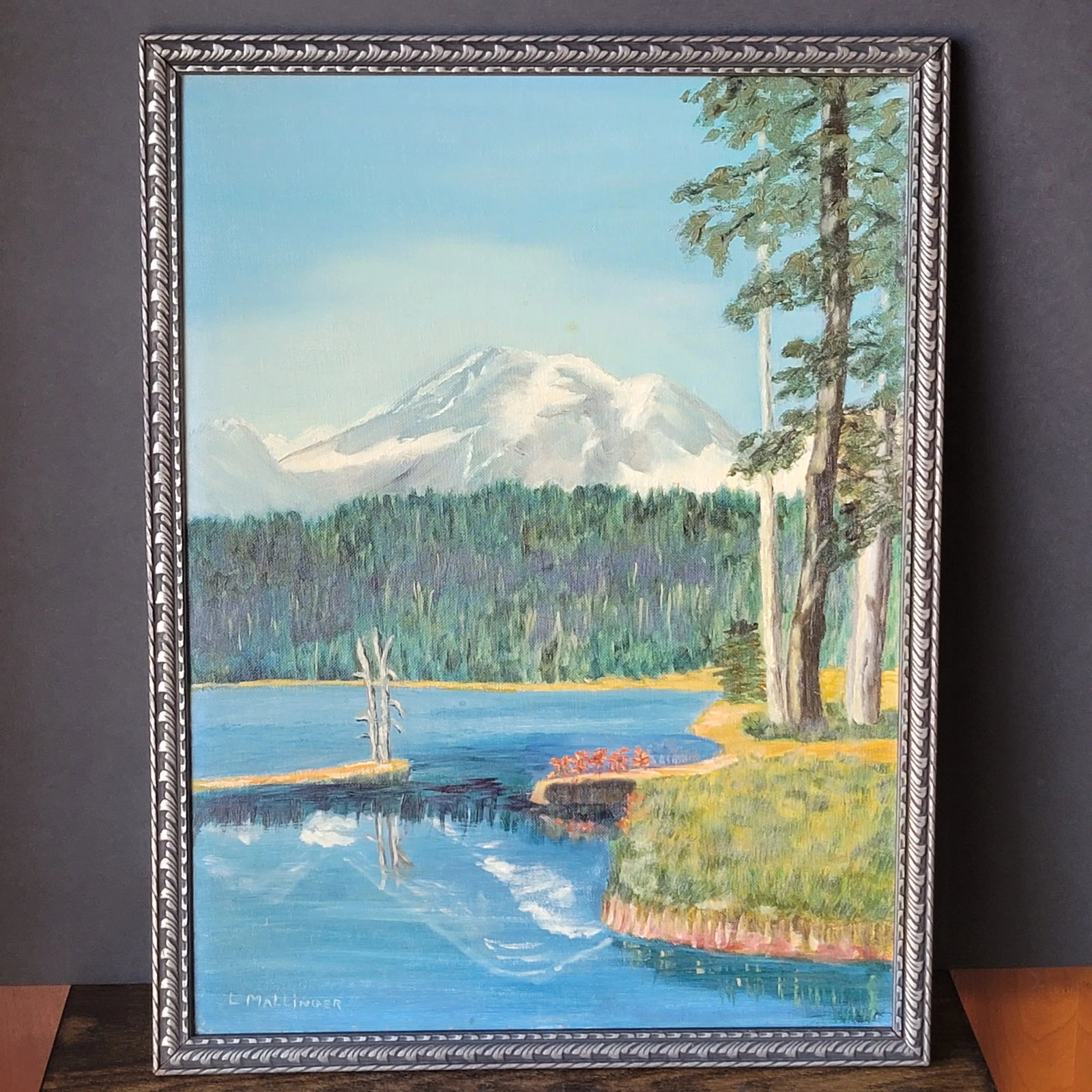 Vintage Landscape Oil Painting on Board of a Lake with Mountains and Trees, Signed and Framed - 3
