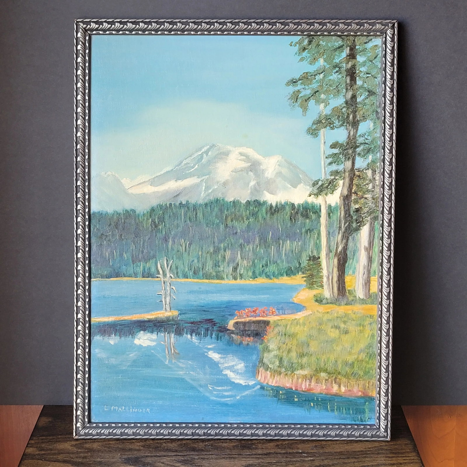 Vintage Landscape Oil Painting on Board of a Lake with Mountains and Trees, Signed and Framed - 6