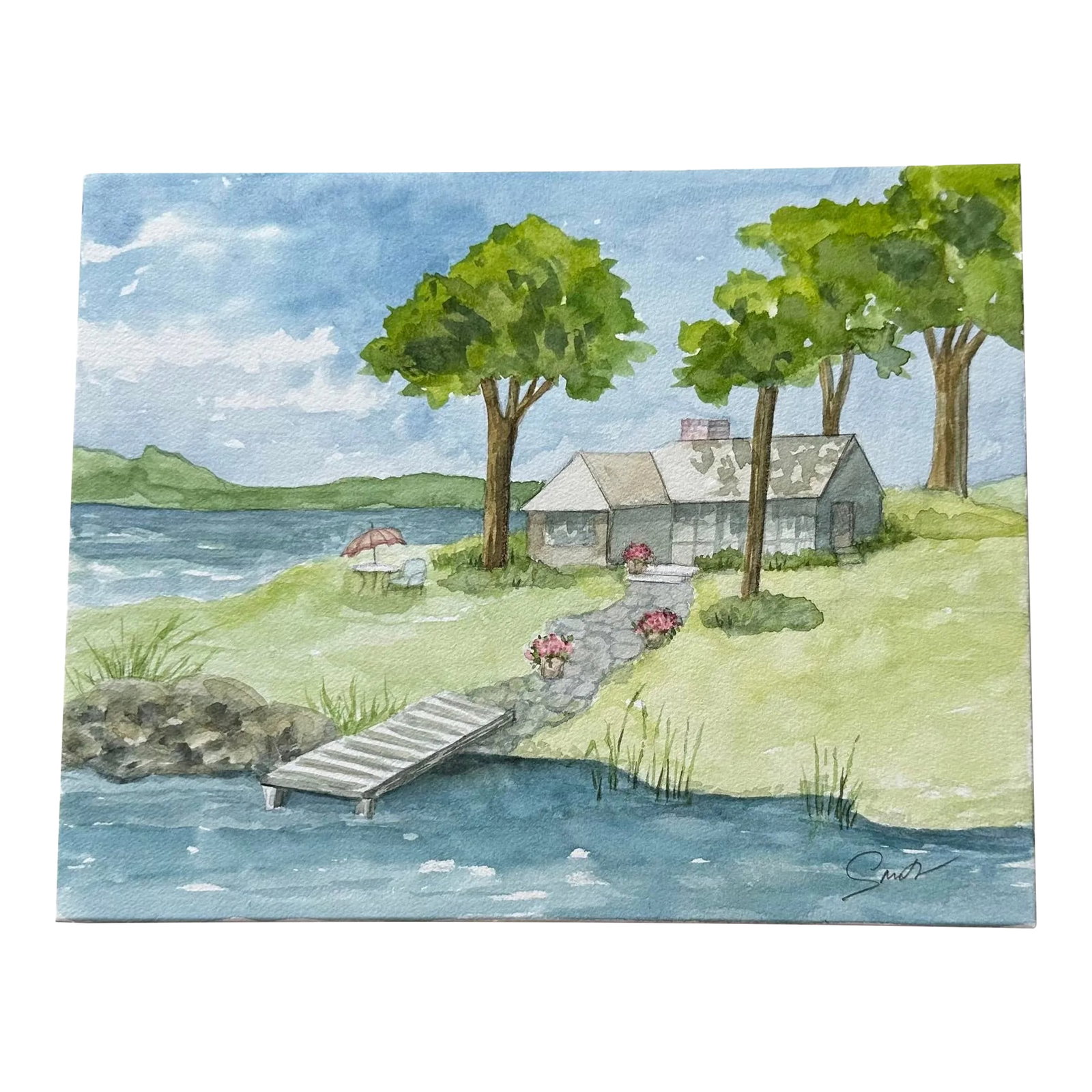 Nancy Smith Signed Original Watercolor Seascape "Summer Place": I love painting settings I would like to be in, places that conjure up a nice place to be especially on a summers day. a Archival watercolor, signed and ready to frame. Nancy Smith studied art at