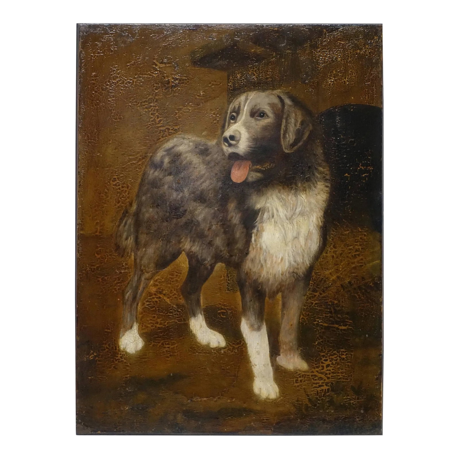 19th Century English Dog Portrait Painting: An English late 19th century portrait painting of a dog. Expressive detailed face, beautifully painted. Oil paint on a heavy wood panel. Shows some old craquelure to the varnish. In lovely antique con