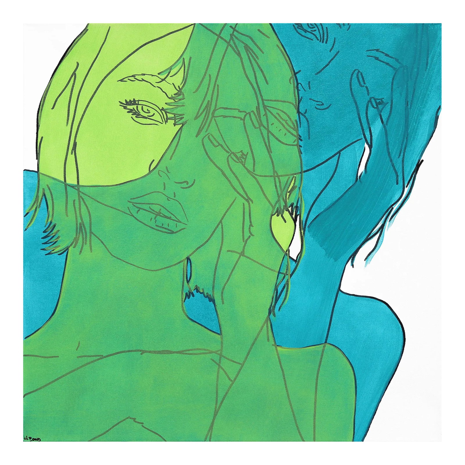 "Untitled (Spring I)" Original Artwork by Hilary Bond: In bold, acrylic line paintings, US artist Hilary Bond depicts the heads and torsos of women, often repeating the image in overlapping compositions. Her contemporary groups of pop culture portraits