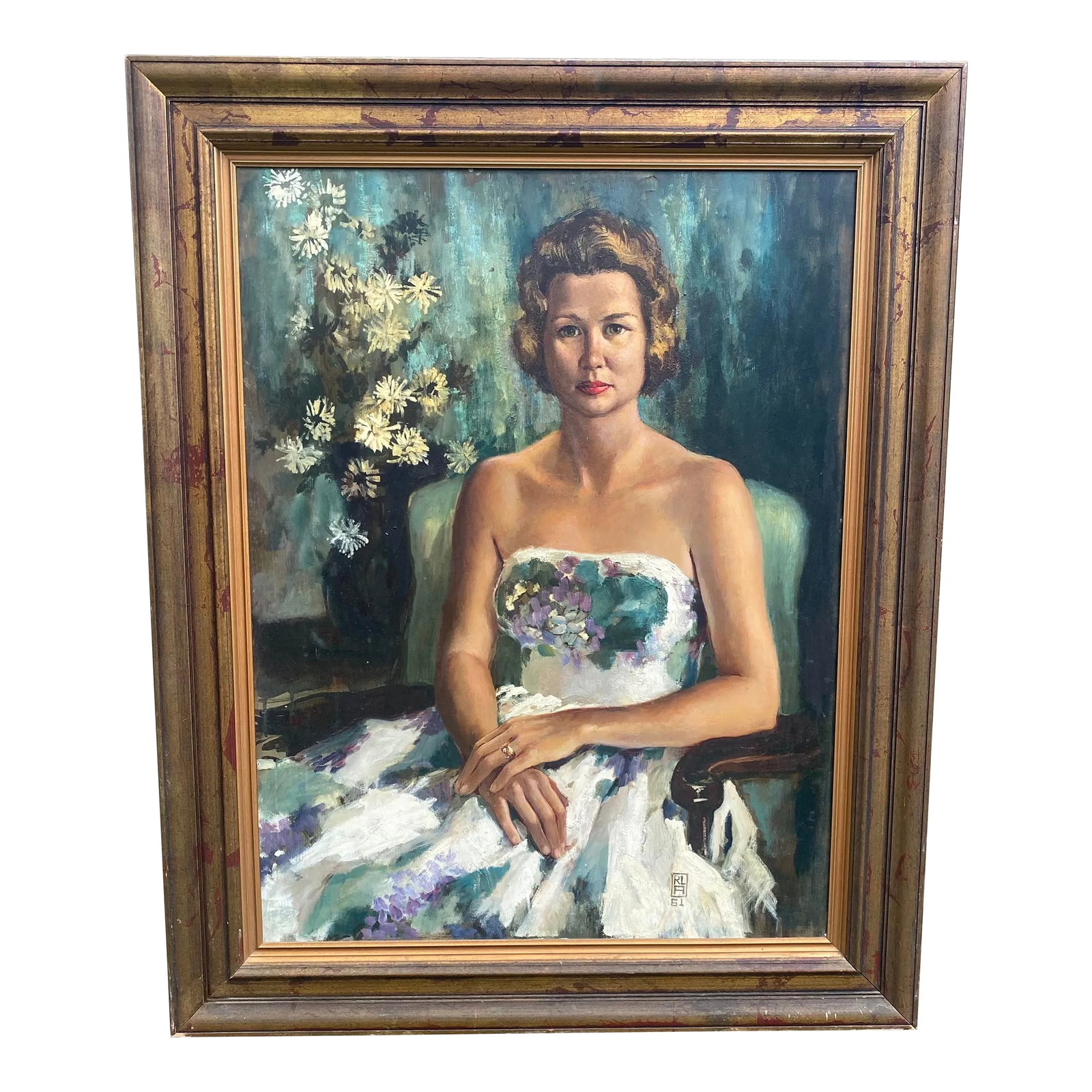 Oil Portrait Painting of Young Lady: Large Vintage portrait, 1961 oil painting of a young debutant. Signed by artist. Condition: Alterations: Original Condition Unaltered Imperfections: Some Imperfections Condition Notes: Portrait has so