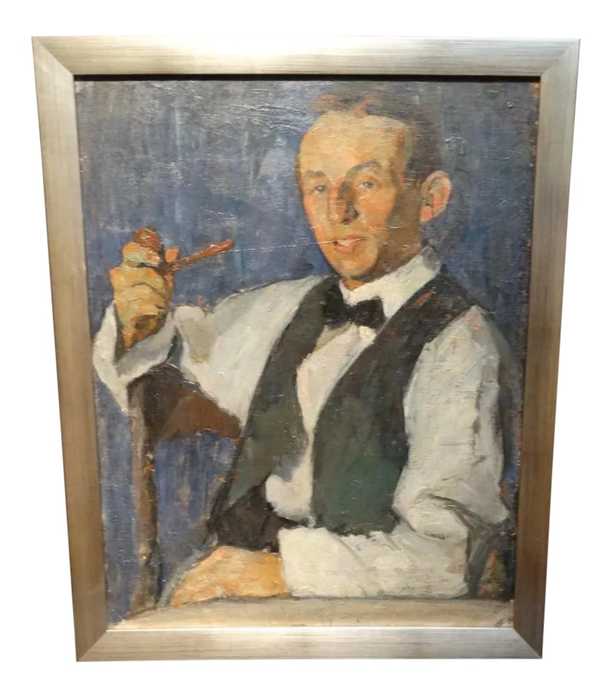 1920s Vintage Ejnar Hansen "Young Man With a Pipe" Painting: Ejnar Hansen, portrait of a young man with pipe, Circa 1928-1930. Born into poverty in Copenhagen, Denmark, Ejnar Hansen (1884-1965) was raised on a dairy farm. At age 14, he apprenticed to an