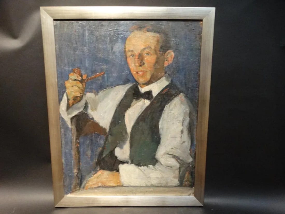 1920s Vintage Ejnar Hansen "Young Man With a Pipe" Painting - 5