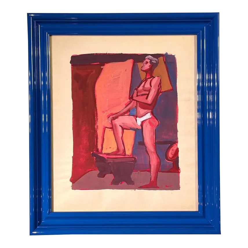 "Tighties" 1950's Gouache Male Nude Mid Century Painting Pink Red Blue Frame: From the estate of Jerry Opper & Ruth Friedman Opper Tighties c. 1950's Gouache on Paper 15" x 18" blue lacquered frame 18.5"x1.75"x21.5" Unsigned From the estate of Ruth Friedmann Opper & Jerry