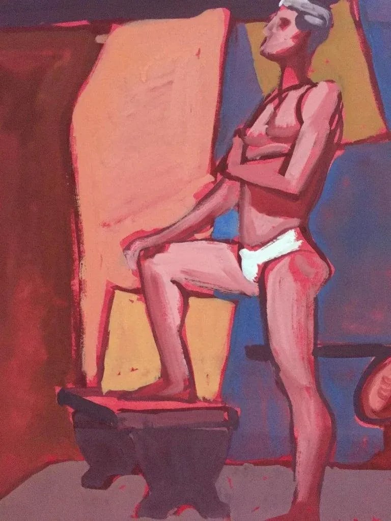"Tighties" 1950's Gouache Male Nude Mid Century Painting Pink Red Blue Frame - 2