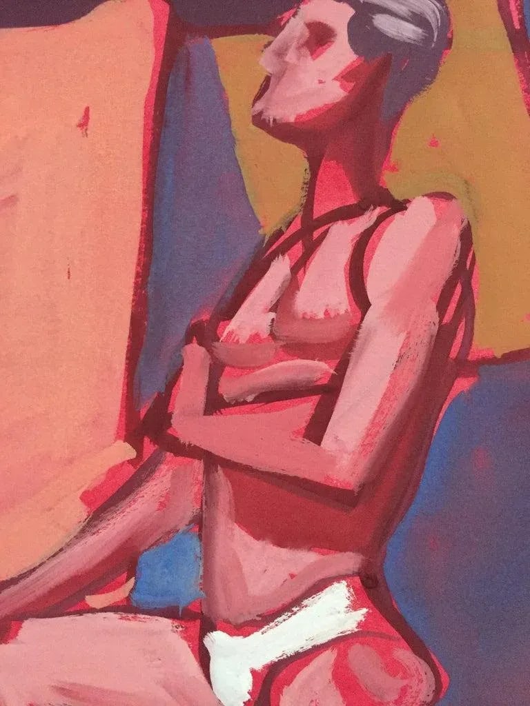 "Tighties" 1950's Gouache Male Nude Mid Century Painting Pink Red Blue Frame - 3