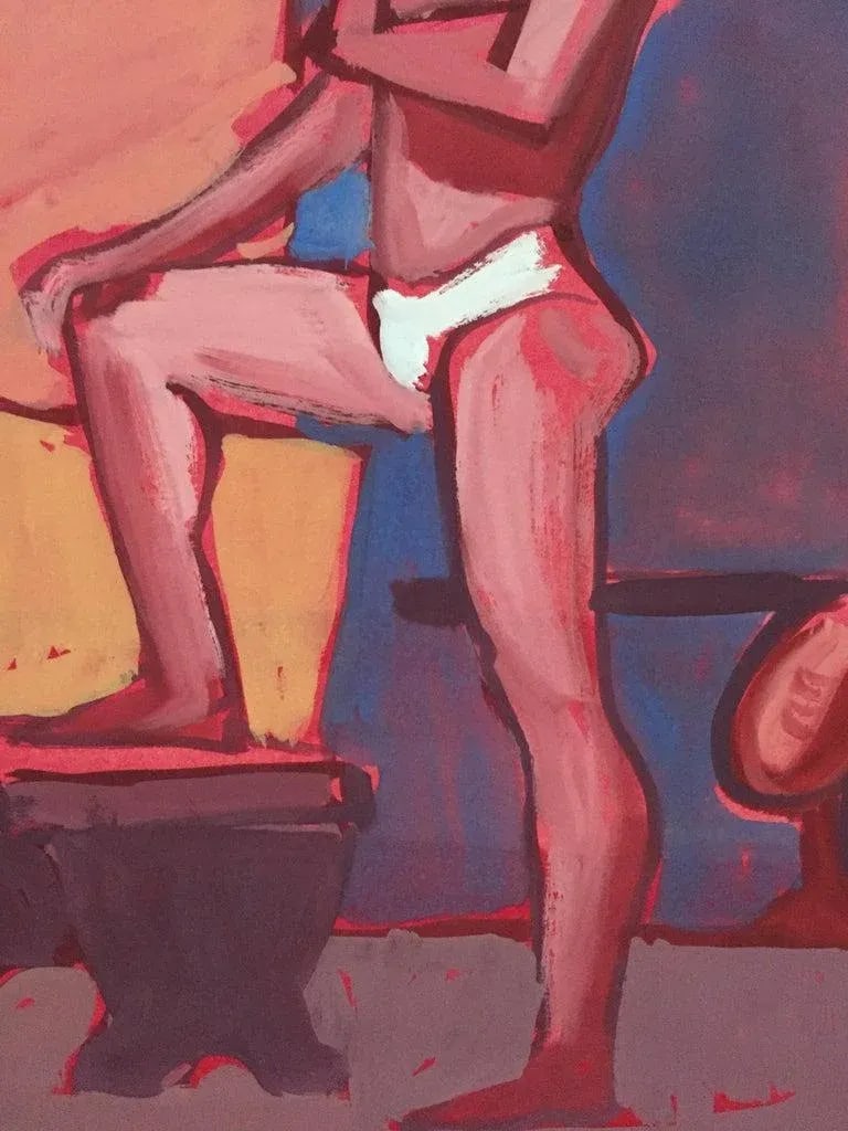 "Tighties" 1950's Gouache Male Nude Mid Century Painting Pink Red Blue Frame - 4